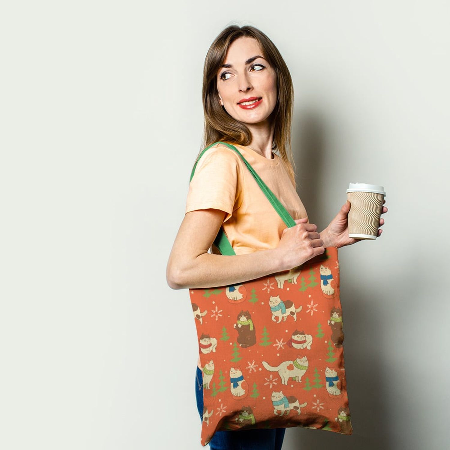 Geanta Handmade Tote Basic, Pisici cu Fular si Fulgi de Nea, Multicolor, 43x37 cm fotografia produsului View 2 L