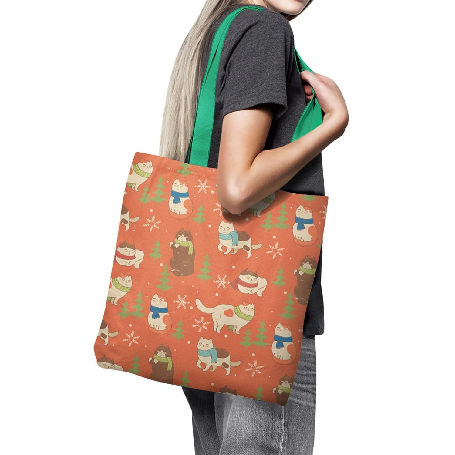 Geanta Handmade Tote Basic, Pisici cu Fular si Fulgi de Nea, Multicolor, 43x37 cm fotografia produsului View 5 L