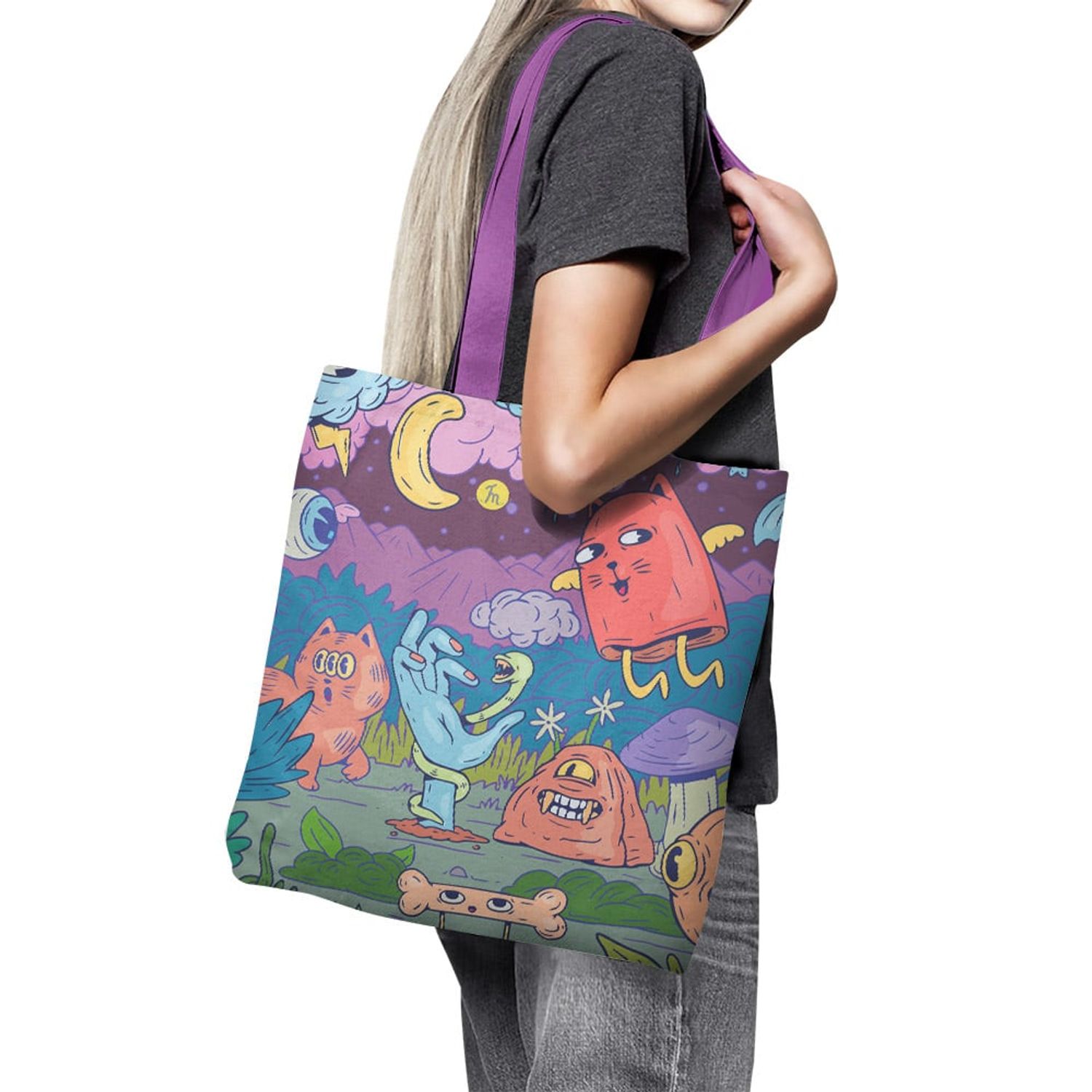 Geanta Handmade Tote Basic, Creaturile din Noaptea de Halloween, Multicolor, 43x37 cm fotografia produsului View 3 L