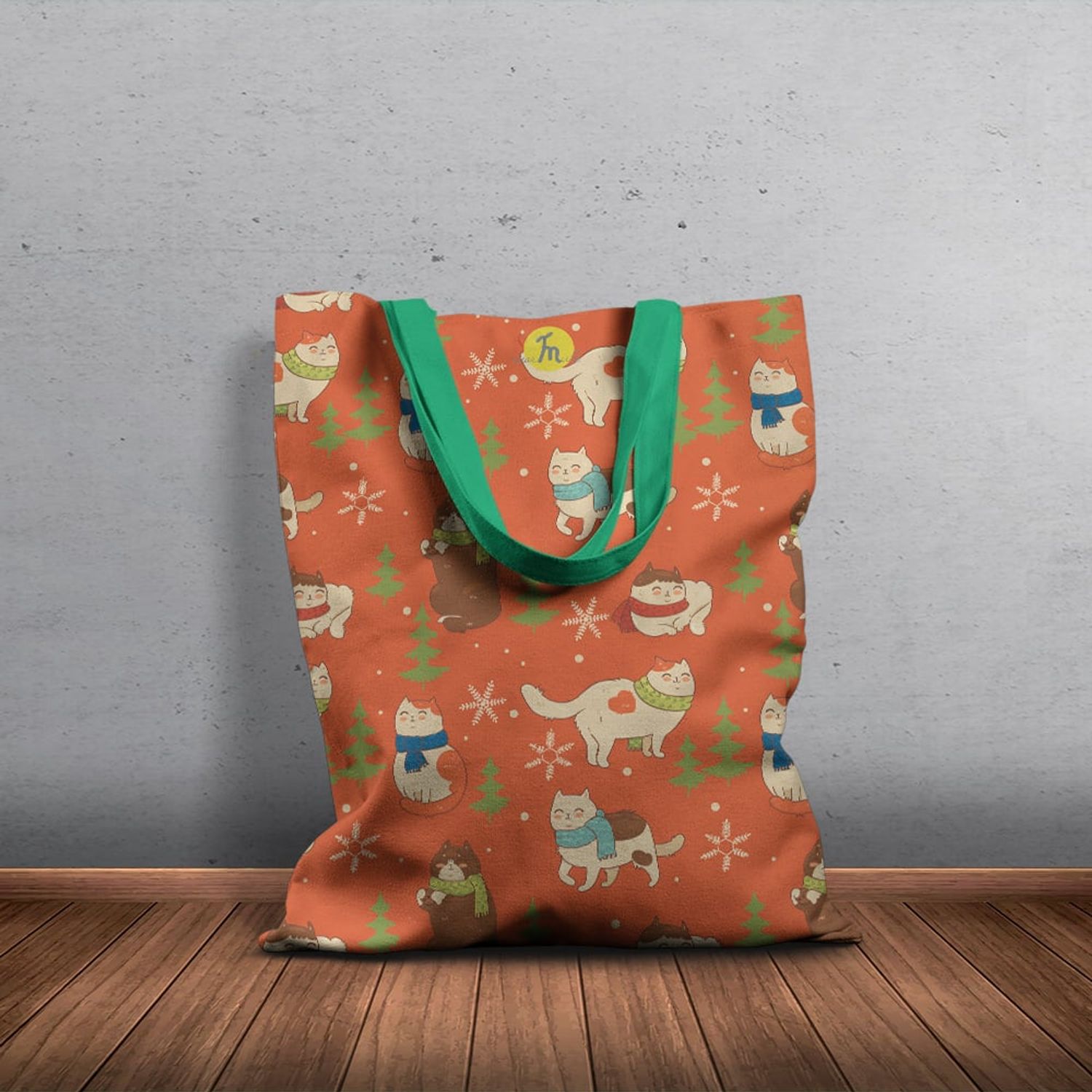 Geanta Handmade Tote Basic, Pisici cu Fular si Fulgi de Nea, Multicolor, 43x37 cm fotografia produsului View 6 L