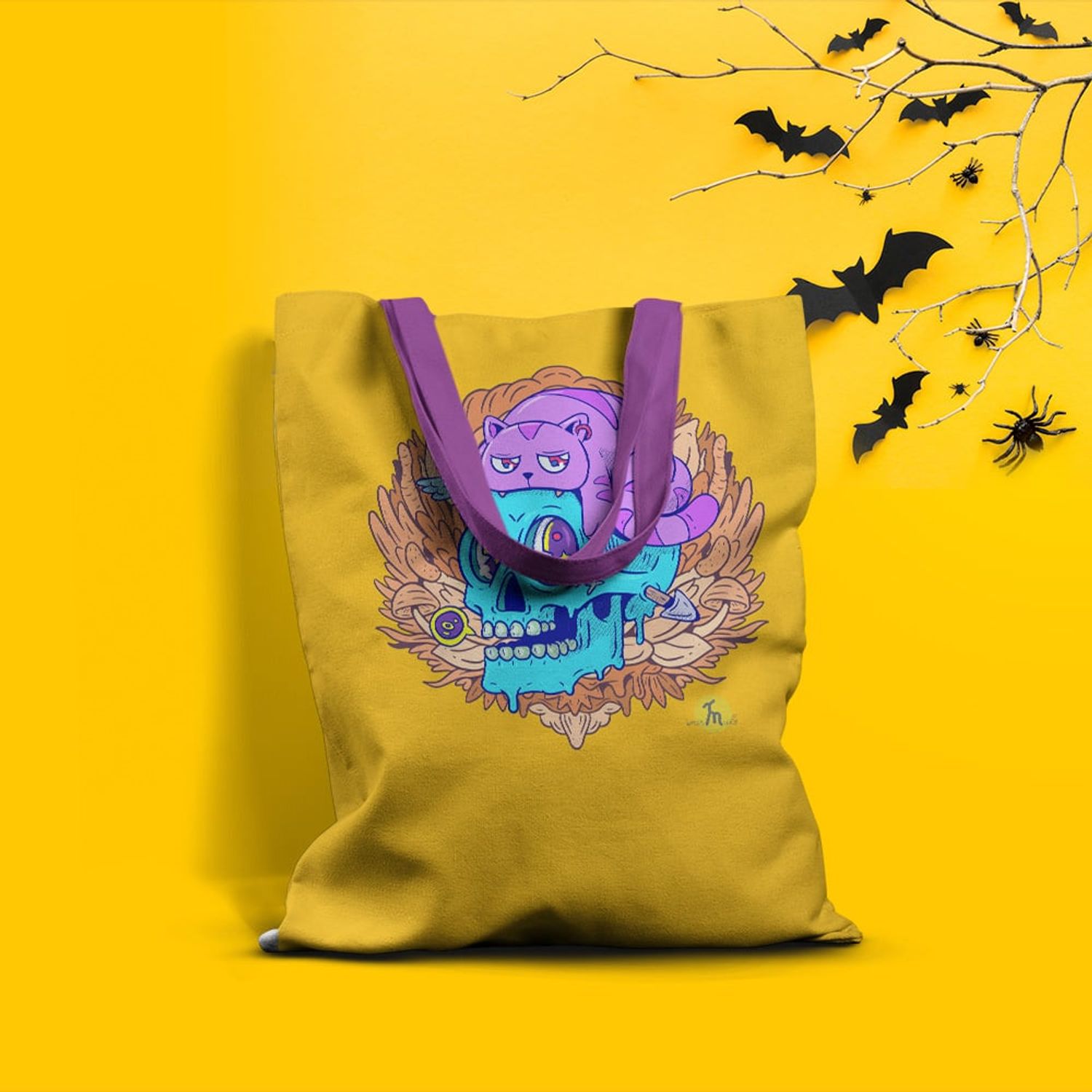 Geanta Handmade Tote Basic, Halloween Pisicuta pe Craniu, Multicolor, 43x37 cm fotografia produsului View 2 L
