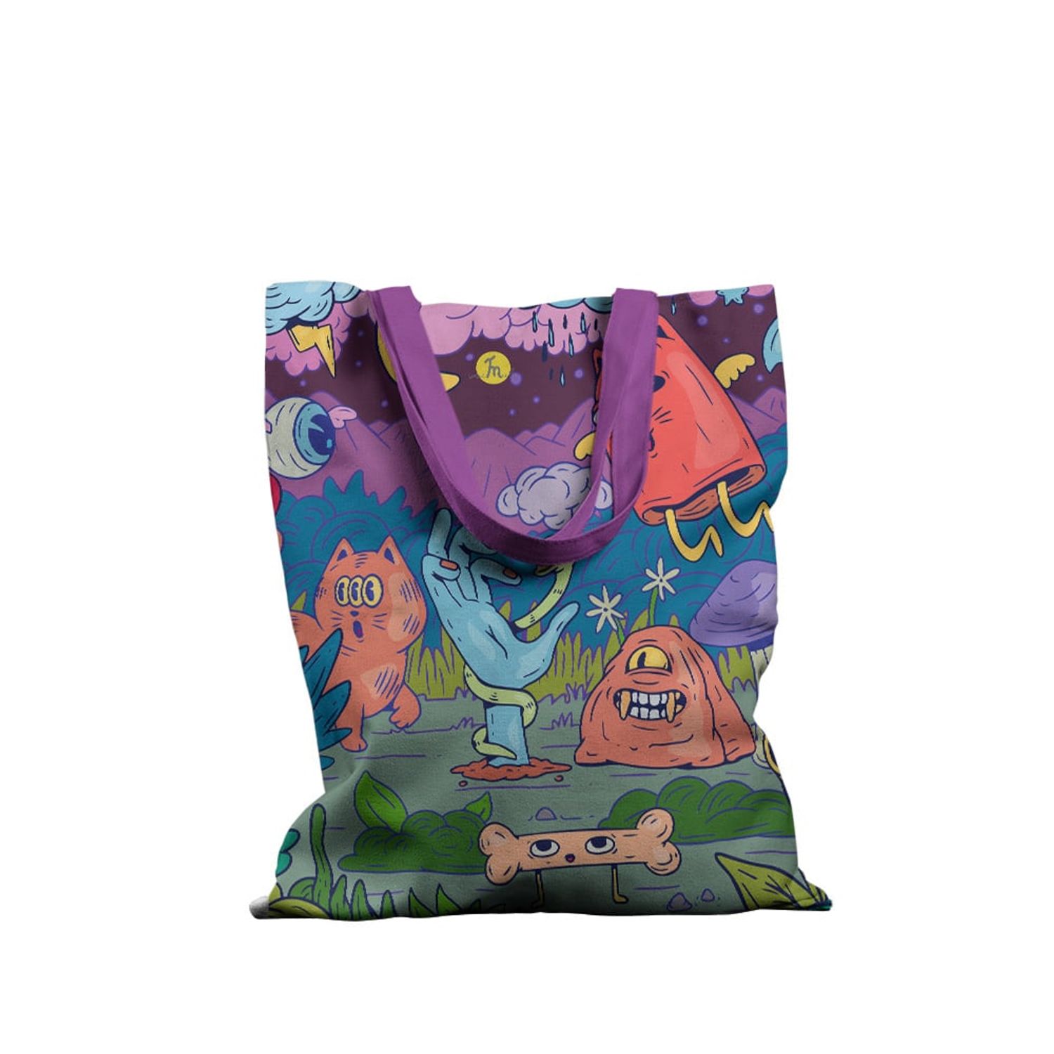 Geanta Handmade Tote Basic, Creaturile din Noaptea de Halloween, Multicolor, 43x37 cm fotografia produsului