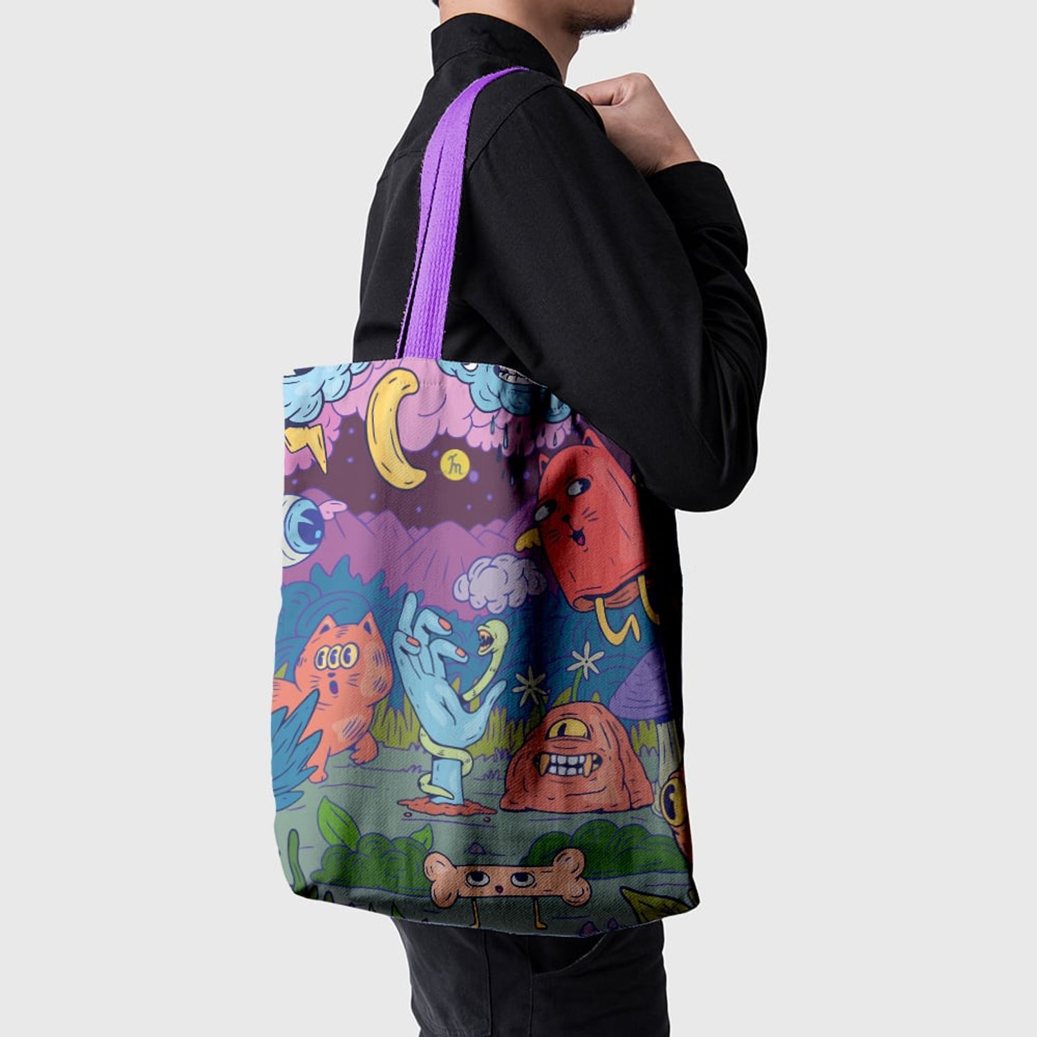Geanta Handmade Tote Basic, Creaturile din Noaptea de Halloween, Multicolor, 43x37 cm fotografia produsului View 5 L