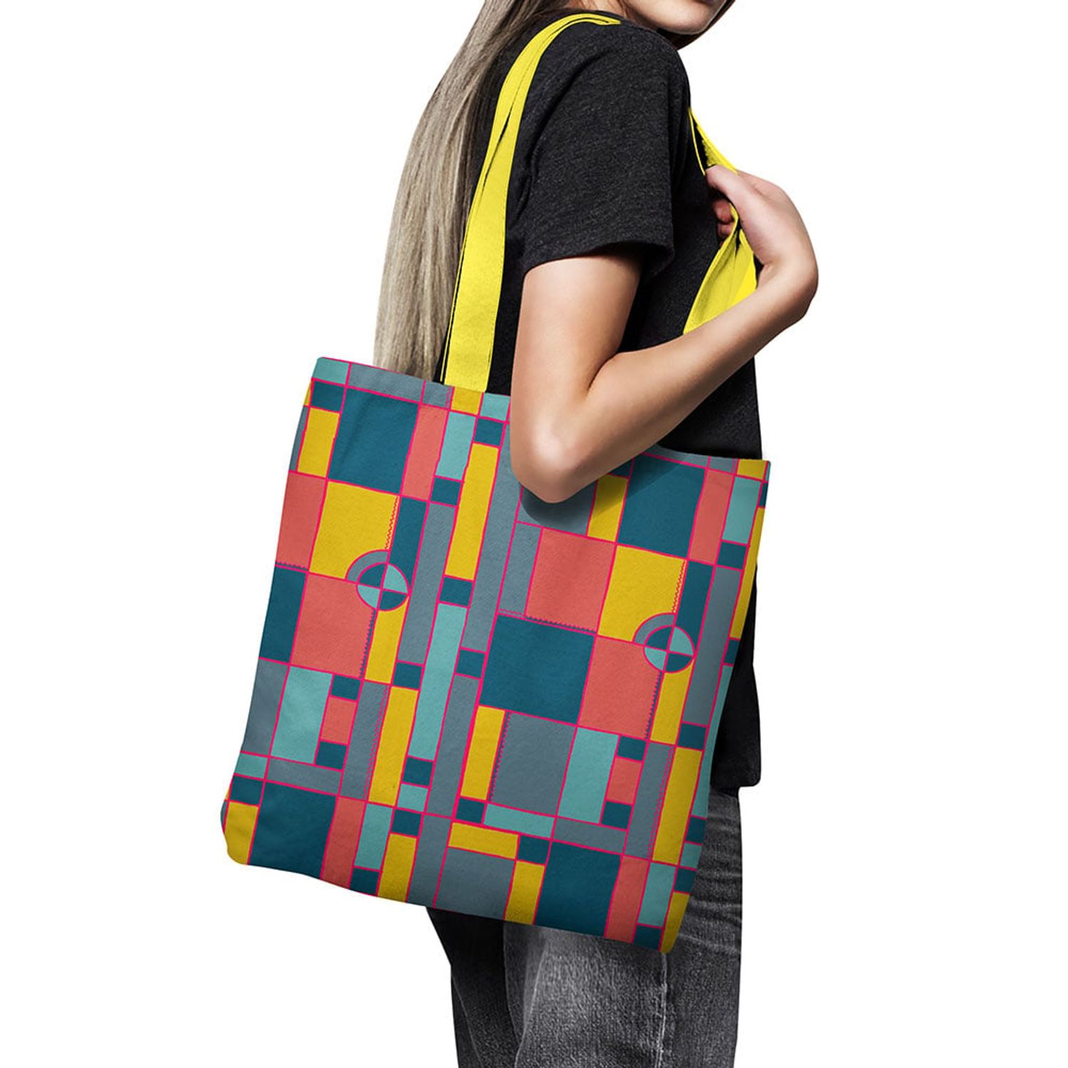 Geanta Handmade, Tote Bag Basic Original Mulewear, Geometric Abstract Desen Color Copii, Child Mumble, Multicolor, 43x37 cm fotografia produsului View 3 L
