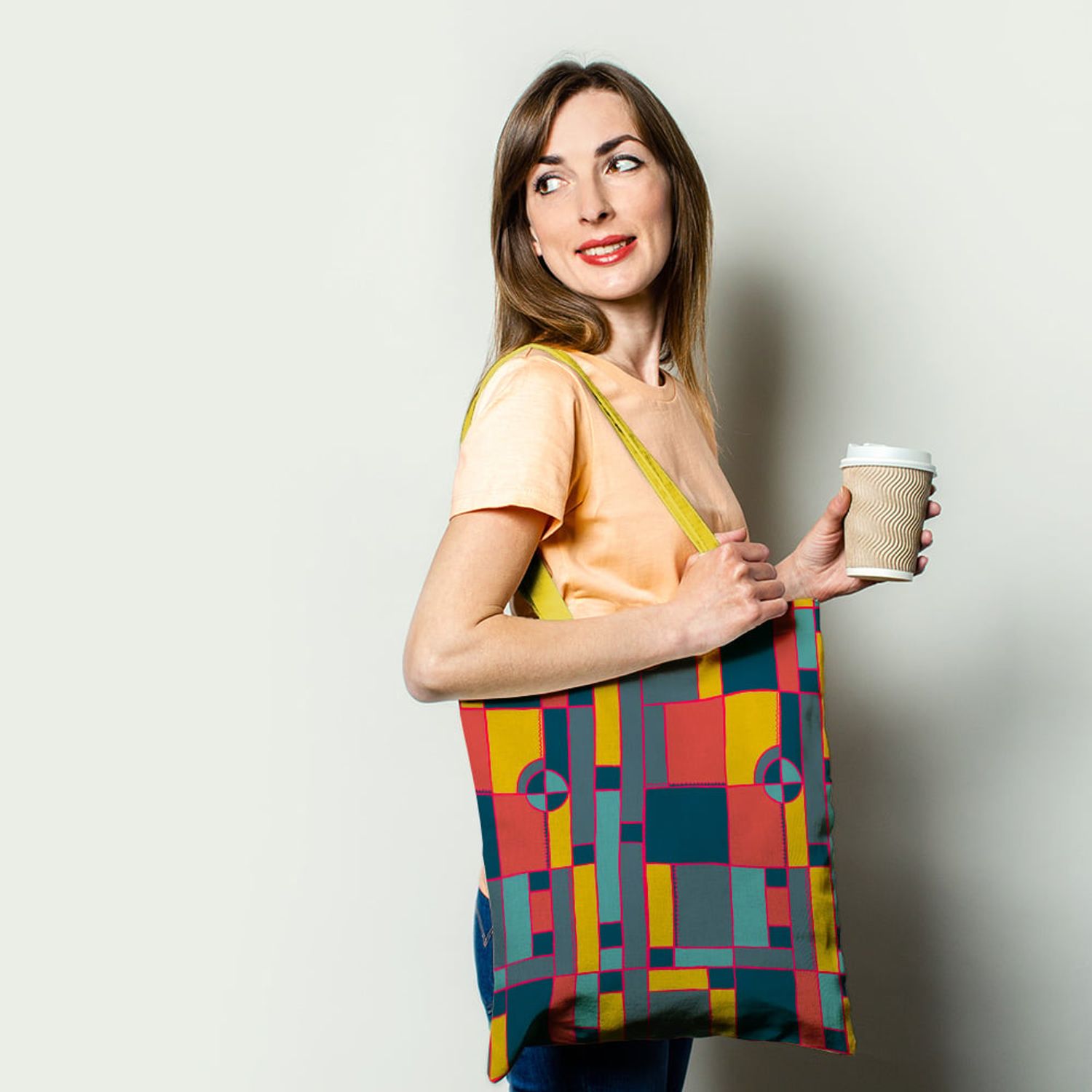 Geanta Handmade, Tote Bag Basic Original Mulewear, Geometric Abstract Desen Color Copii, Child Mumble, Multicolor, 43x37 cm fotografia produsului View 2 L