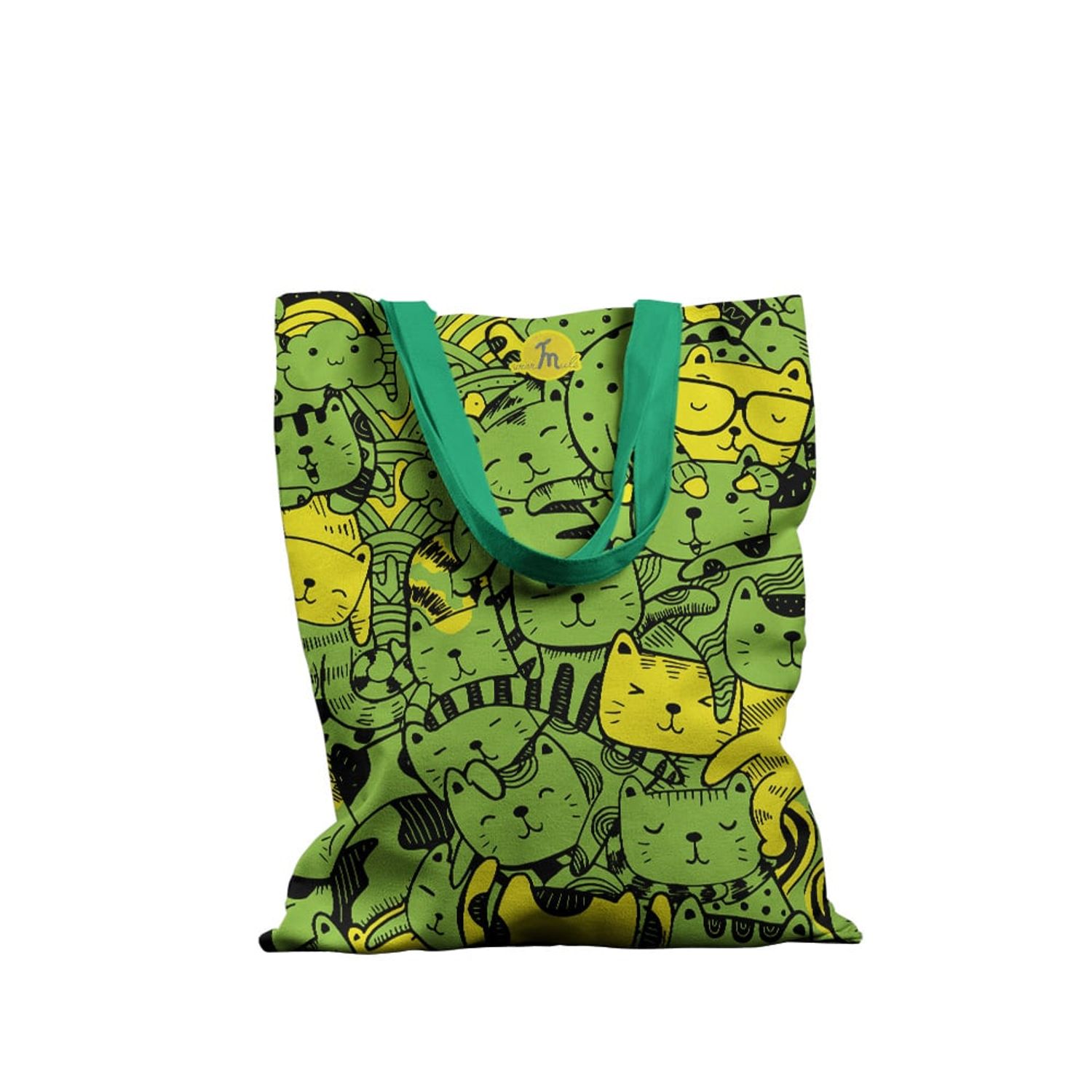 Geanta Handmade Tote Basic, Mulewear, Pisici Animatie cu Verde si Galben, Multicolor, 43x37 cm fotografia produsului