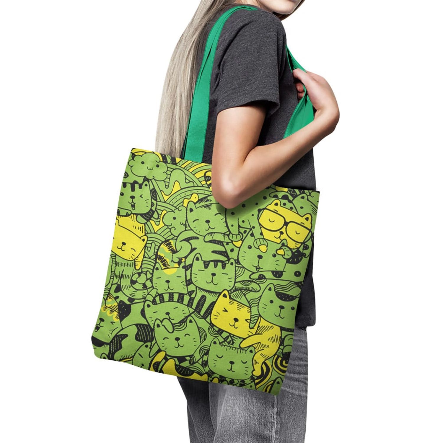 Geanta Handmade Tote Basic, Mulewear, Pisici Animatie cu Verde si Galben, Multicolor, 43x37 cm fotografia produsului View 4 L