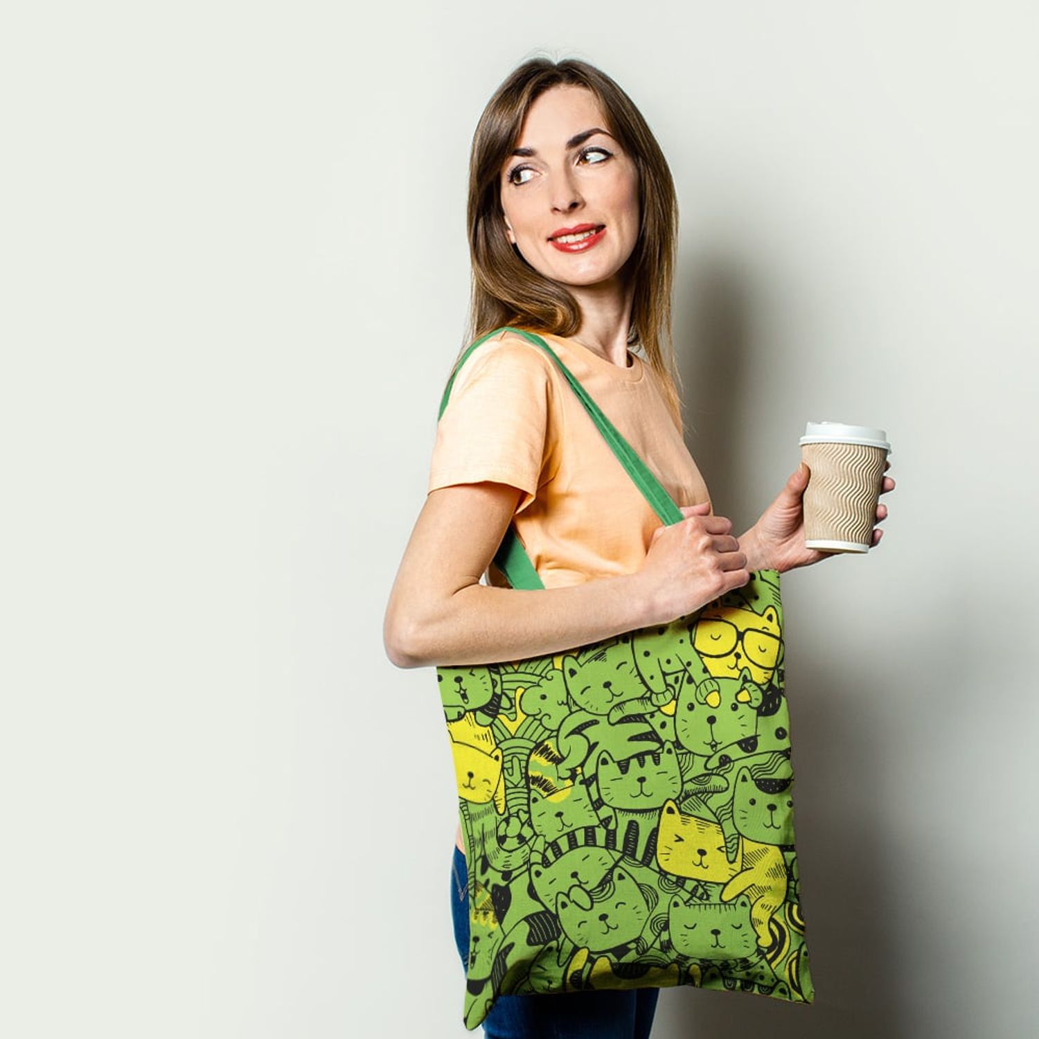 Geanta Handmade Tote Basic, Mulewear, Pisici Animatie cu Verde si Galben, Multicolor, 43x37 cm fotografia produsului View 2 L