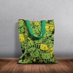 Geanta Handmade Tote Basic, Mulewear, Pisici Animatie cu Verde si Galben, Multicolor, 43x37 cm fotografia produsului View 5 S