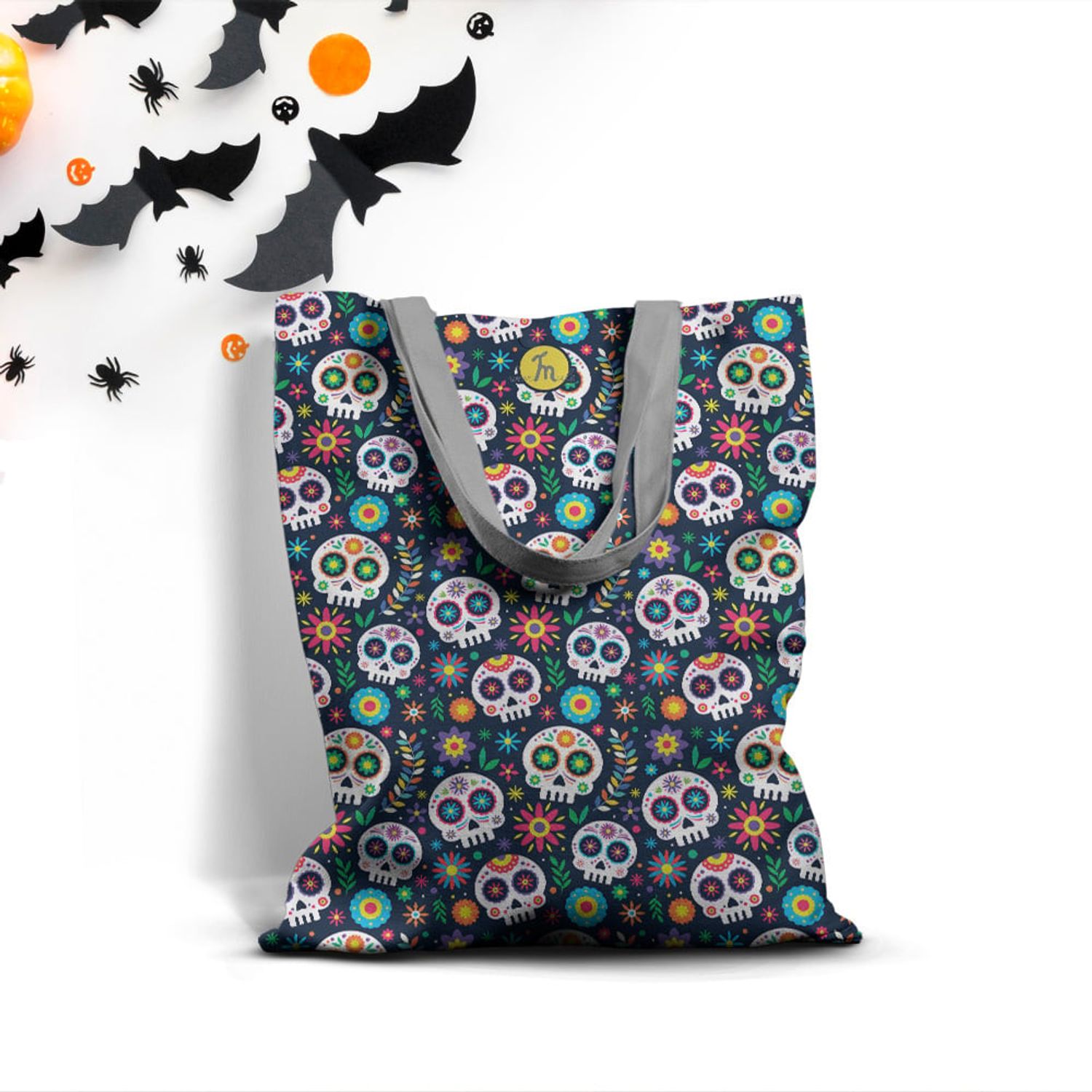 Geanta Handmade Tote Basic, Mulewear, Halloween Masti Cap de Schelet, Multicolor, 43x37 cm fotografia produsului View 4 L
