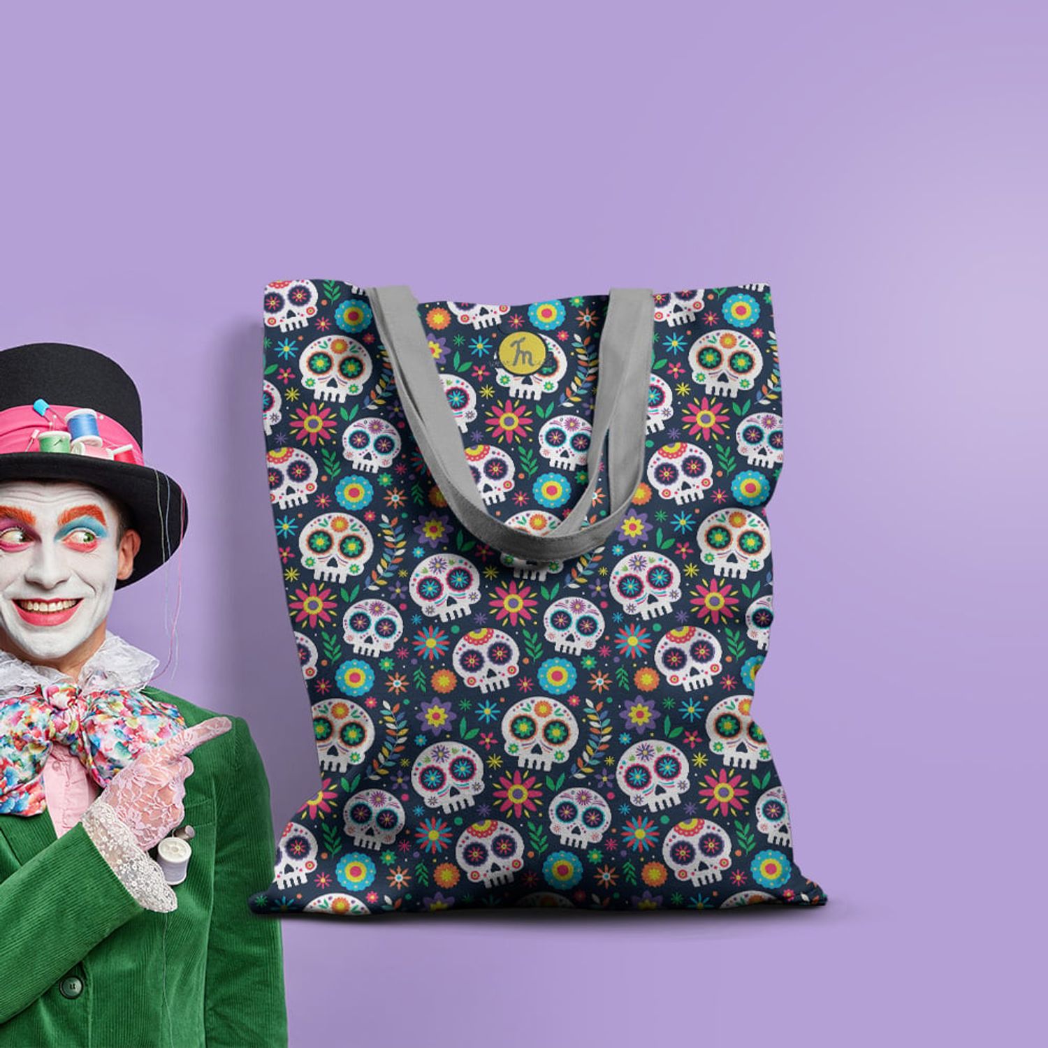 Geanta Handmade Tote Basic, Mulewear, Halloween Masti Cap de Schelet, Multicolor, 43x37 cm fotografia produsului View 5 L