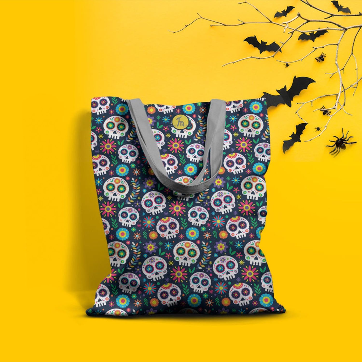 Geanta Handmade Tote Basic, Mulewear, Halloween Masti Cap de Schelet, Multicolor, 43x37 cm fotografia produsului View 2 L