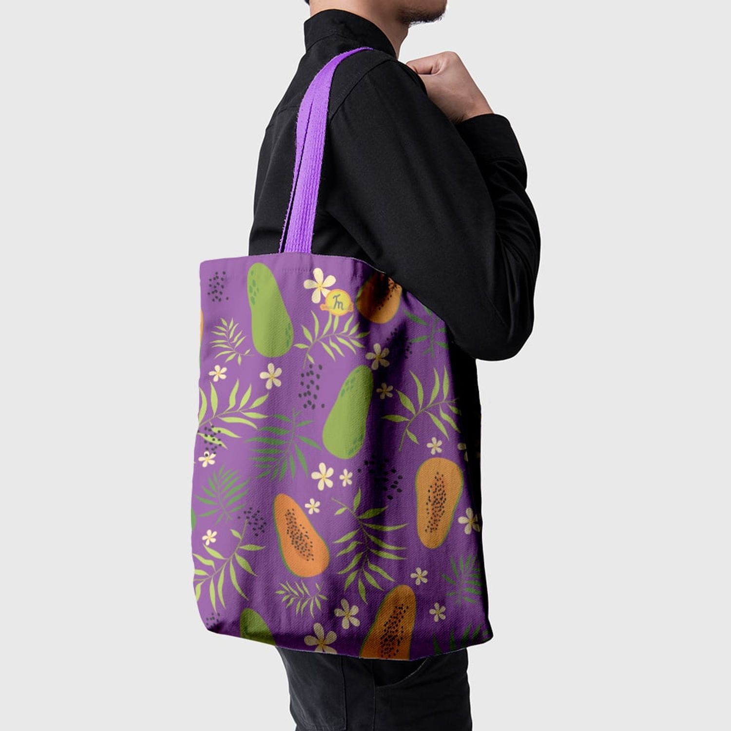 Geanta Handmade Tote Basic, Botanic Plante Flori si Mango, Multicolor, 43x37 cm fotografia produsului View 3 L
