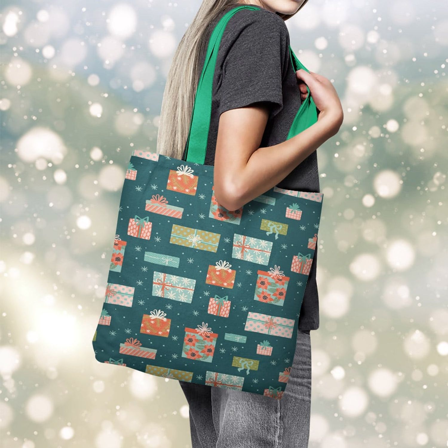 Geanta Handmade Tote Basic, Cadouri pregatite pentru Craciun, Multicolor, 43x37 cm fotografia produsului View 3 L