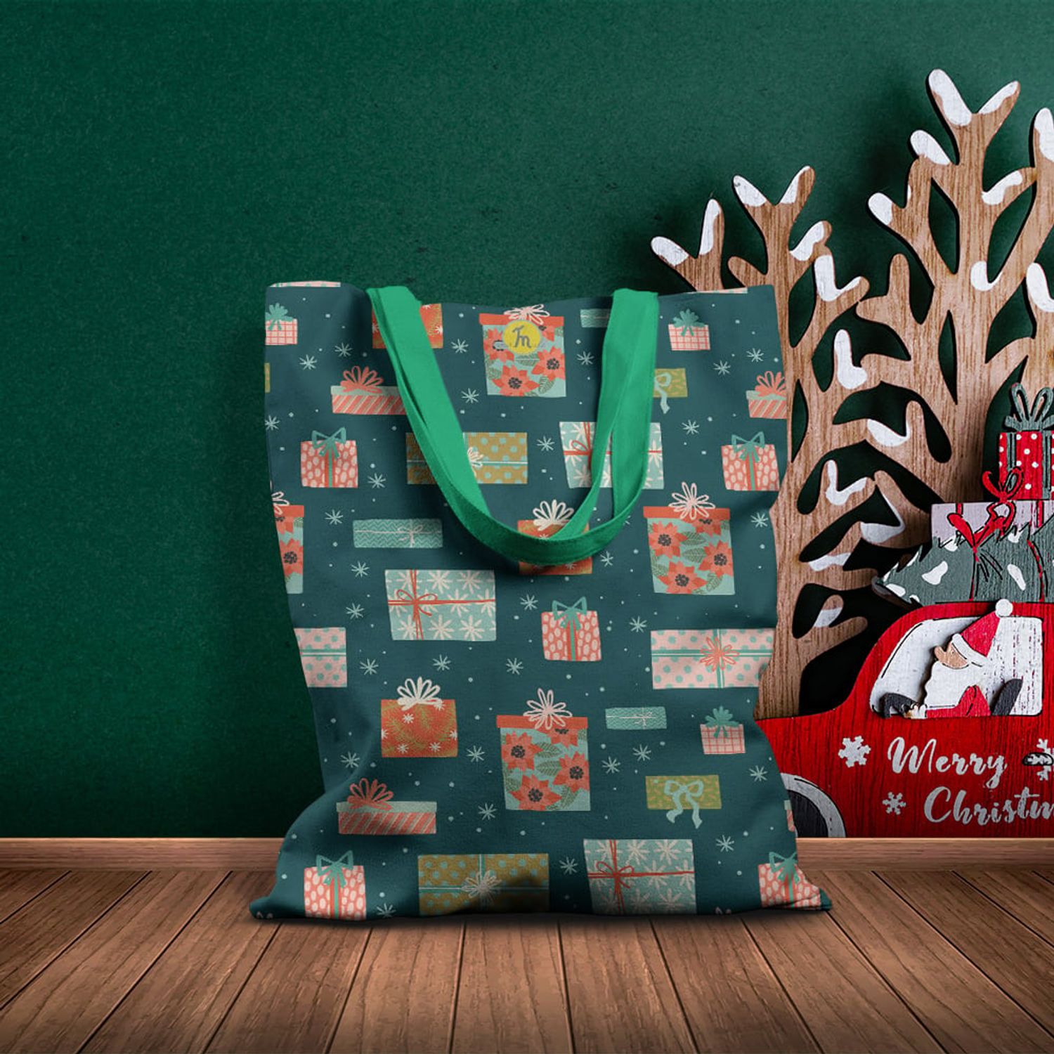 Geanta Handmade Tote Basic, Cadouri pregatite pentru Craciun, Multicolor, 43x37 cm fotografia produsului View 4 L