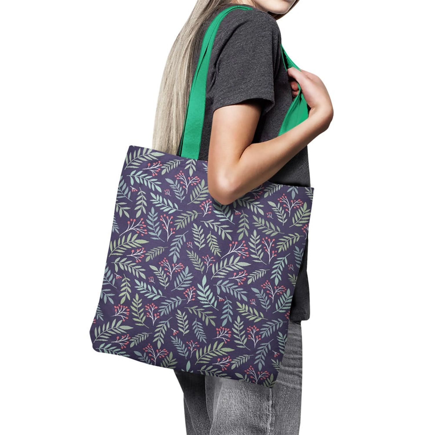 Geanta Handmade Tote Basic, Plante cu Fruncte Rosii, Multicolor, 43x37 cm fotografia produsului View 6 L