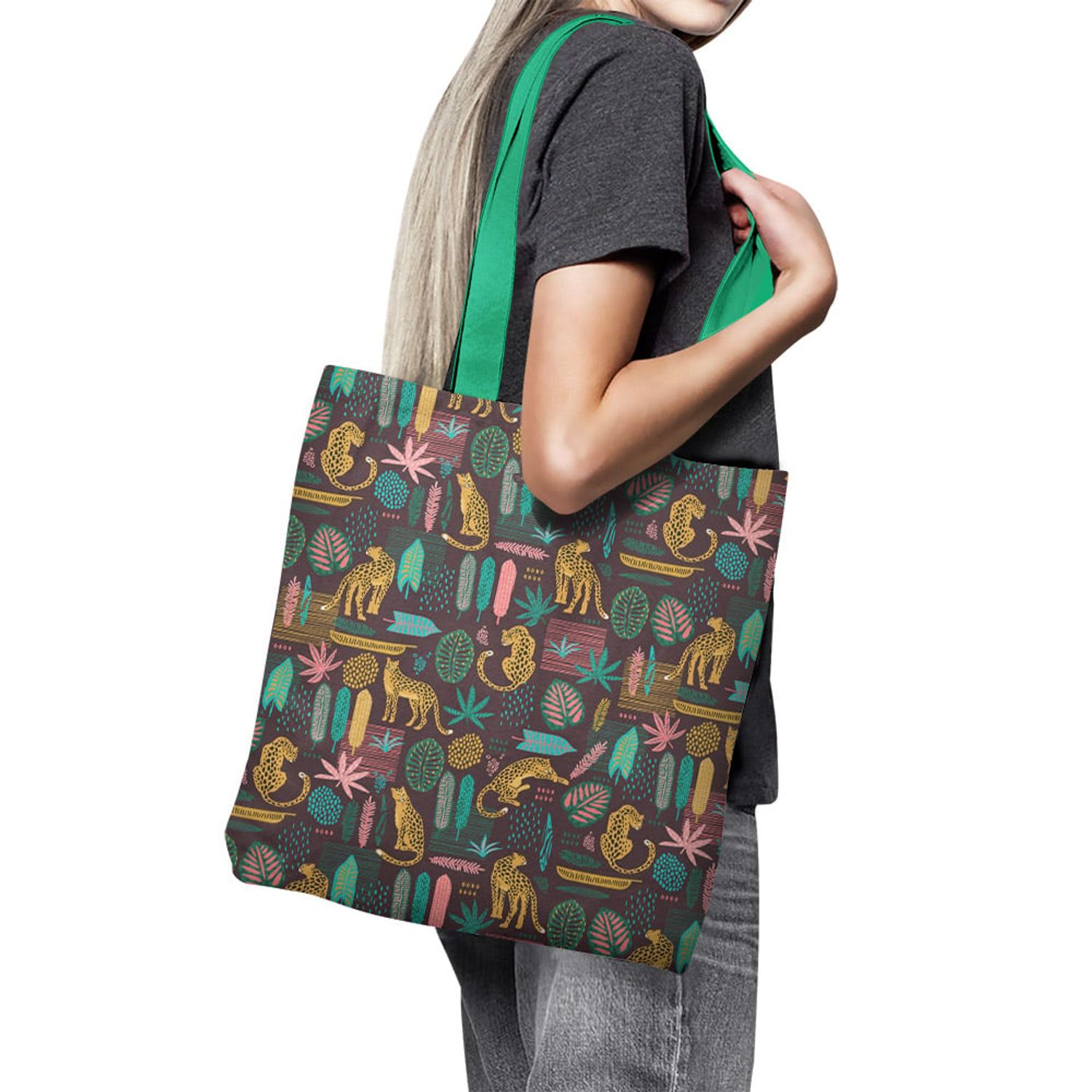 Geanta Handmade Tote Basic, Mulewear, Botanic Plante Flori Leopard in Savana, Multicolor, 43x37 cm fotografia produsului View 4 L