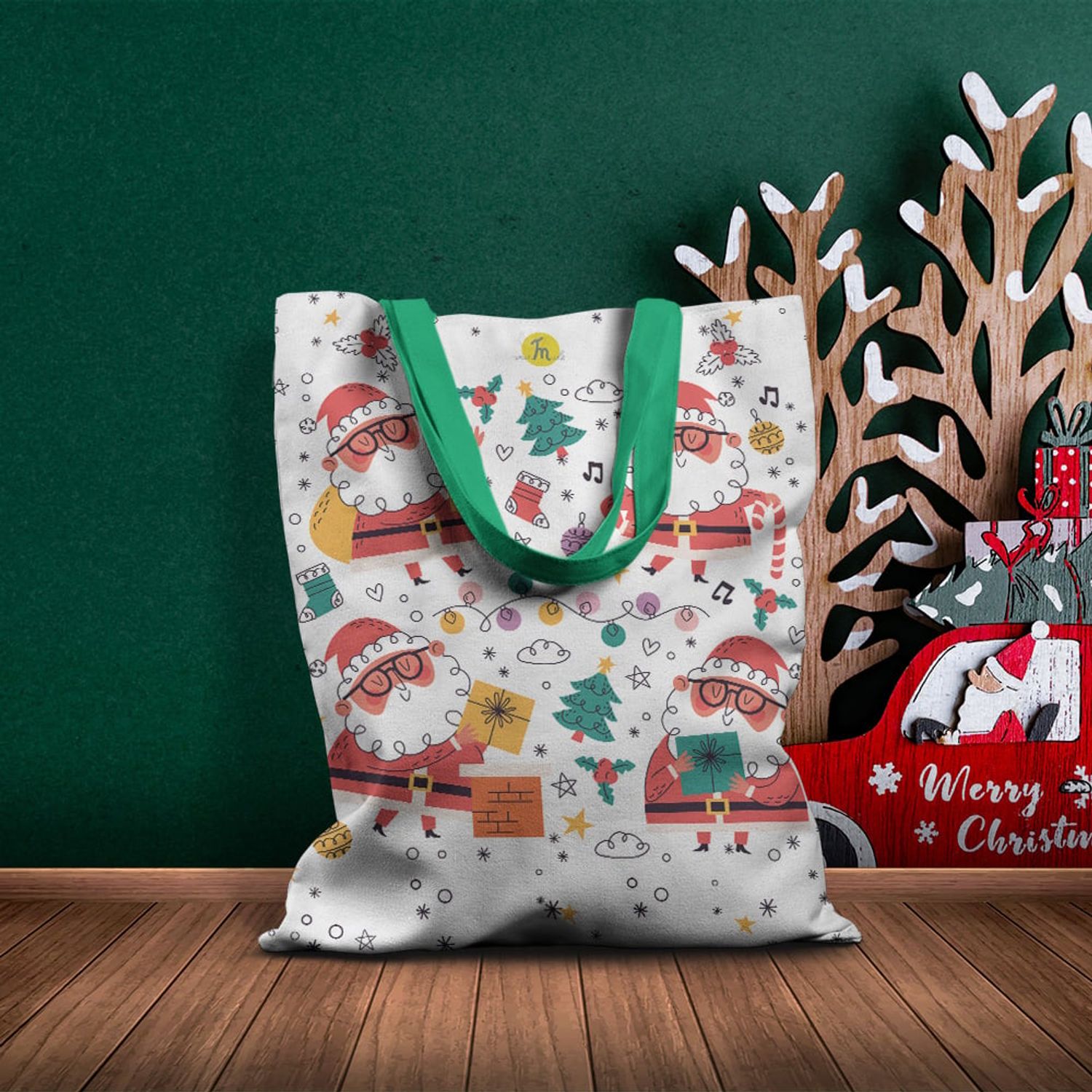Geanta Handmade Tote Basic, Mos Craciun cu Ochelari, Multicolor, 43x37 cm fotografia produsului View 3 L