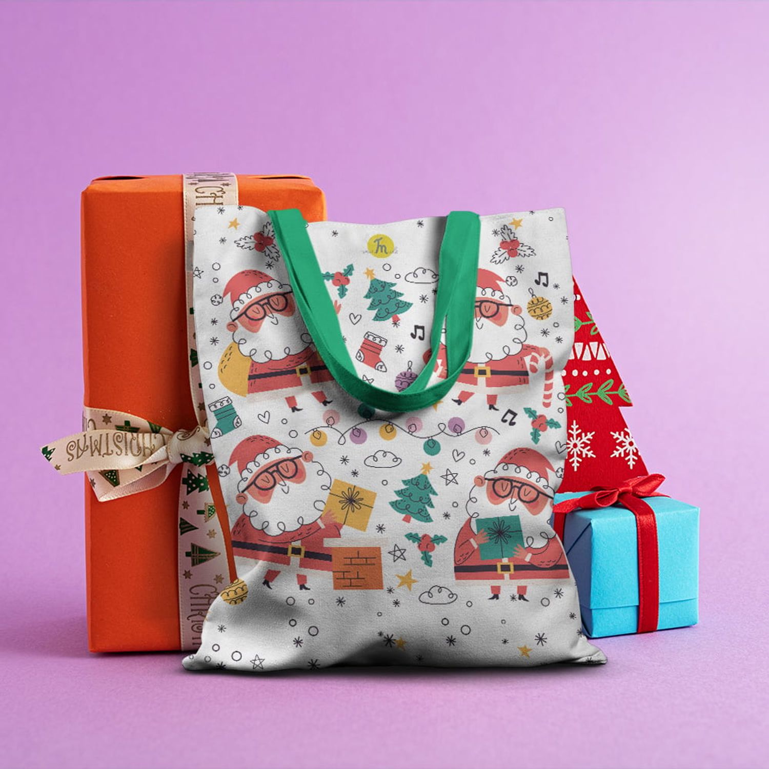 Geanta Handmade Tote Basic, Mos Craciun cu Ochelari, Multicolor, 43x37 cm fotografia produsului View 5 L