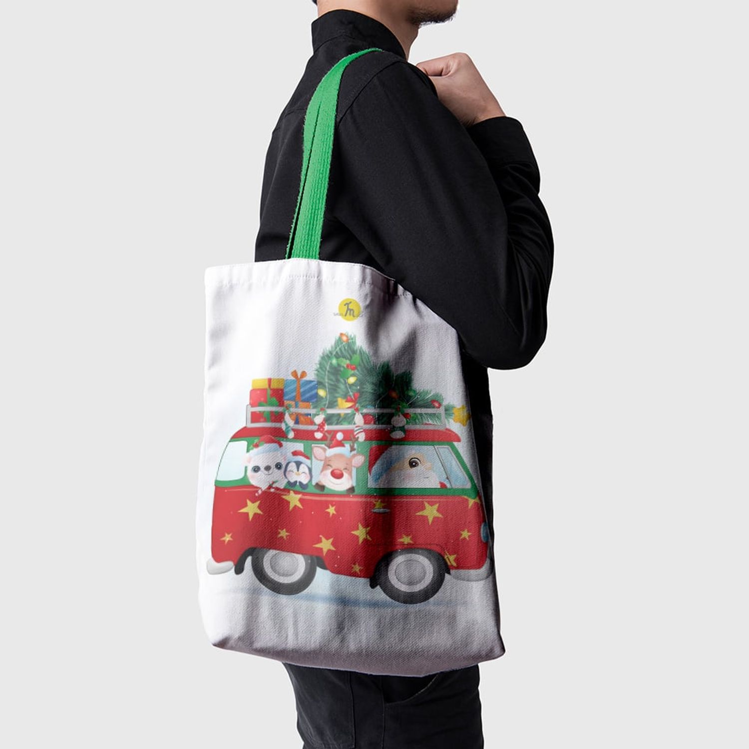Geanta Handmade Tote Basic, Mos Craciun in VW Bus, Multicolor, 43x37 cm fotografia produsului View 4 L