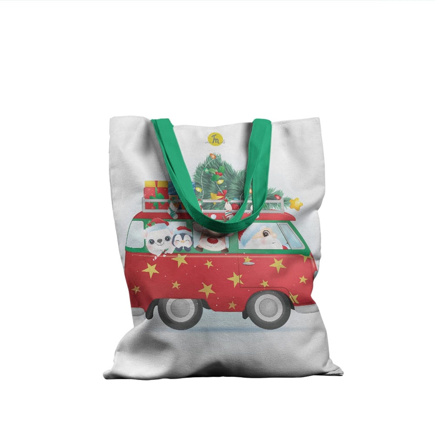 Geanta Handmade Tote Basic, Mos Craciun in VW Bus, Multicolor, 43x37 cm fotografia produsului