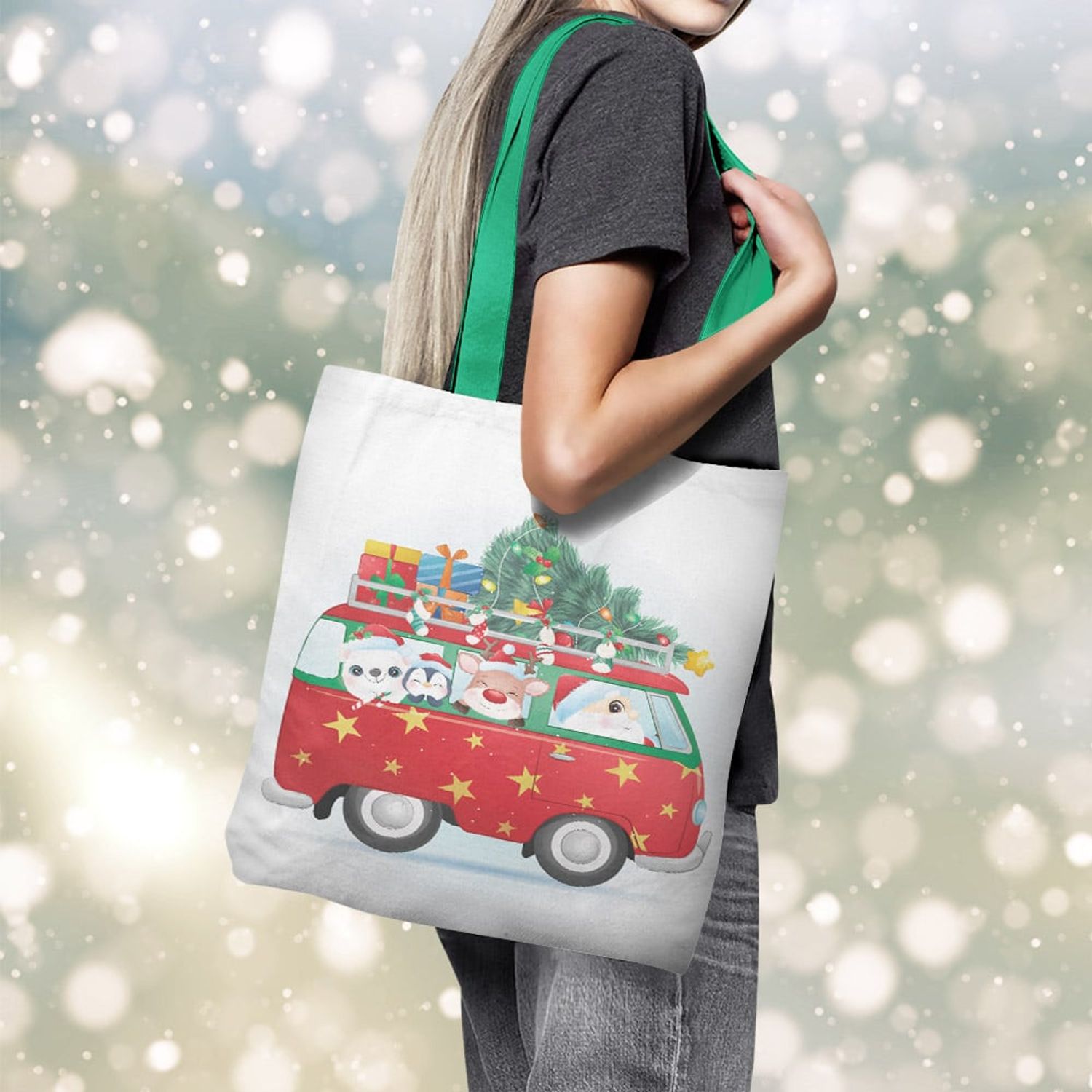 Geanta Handmade Tote Basic, Mos Craciun in VW Bus, Multicolor, 43x37 cm fotografia produsului View 6 L