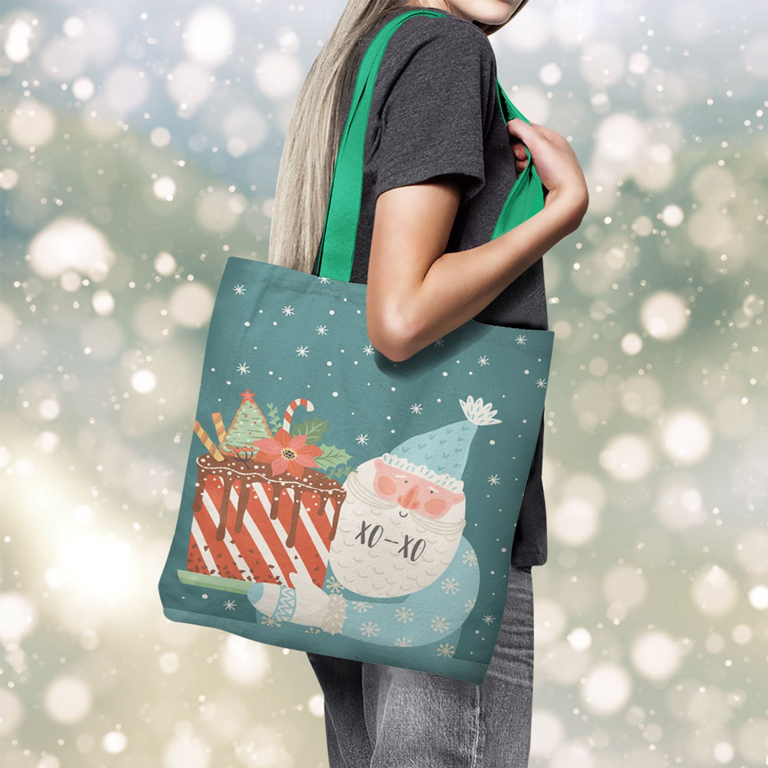 Geanta Handmade Tote Basic, Mos Craciun aduce Bunatati Dulci, Multicolor, 43x37 cm fotografia produsului View 3 L