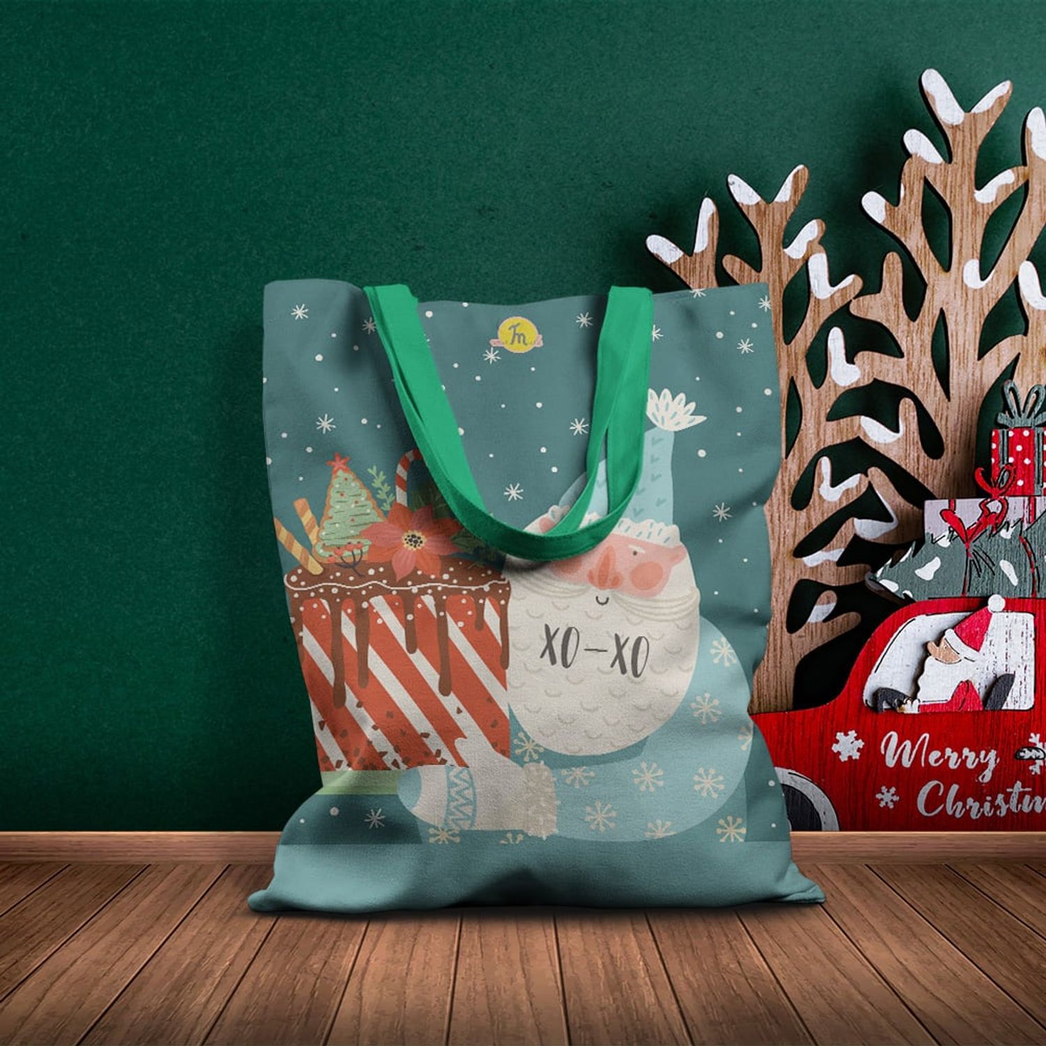 Geanta Handmade Tote Basic, Mos Craciun aduce Bunatati Dulci, Multicolor, 43x37 cm fotografia produsului View 5 L
