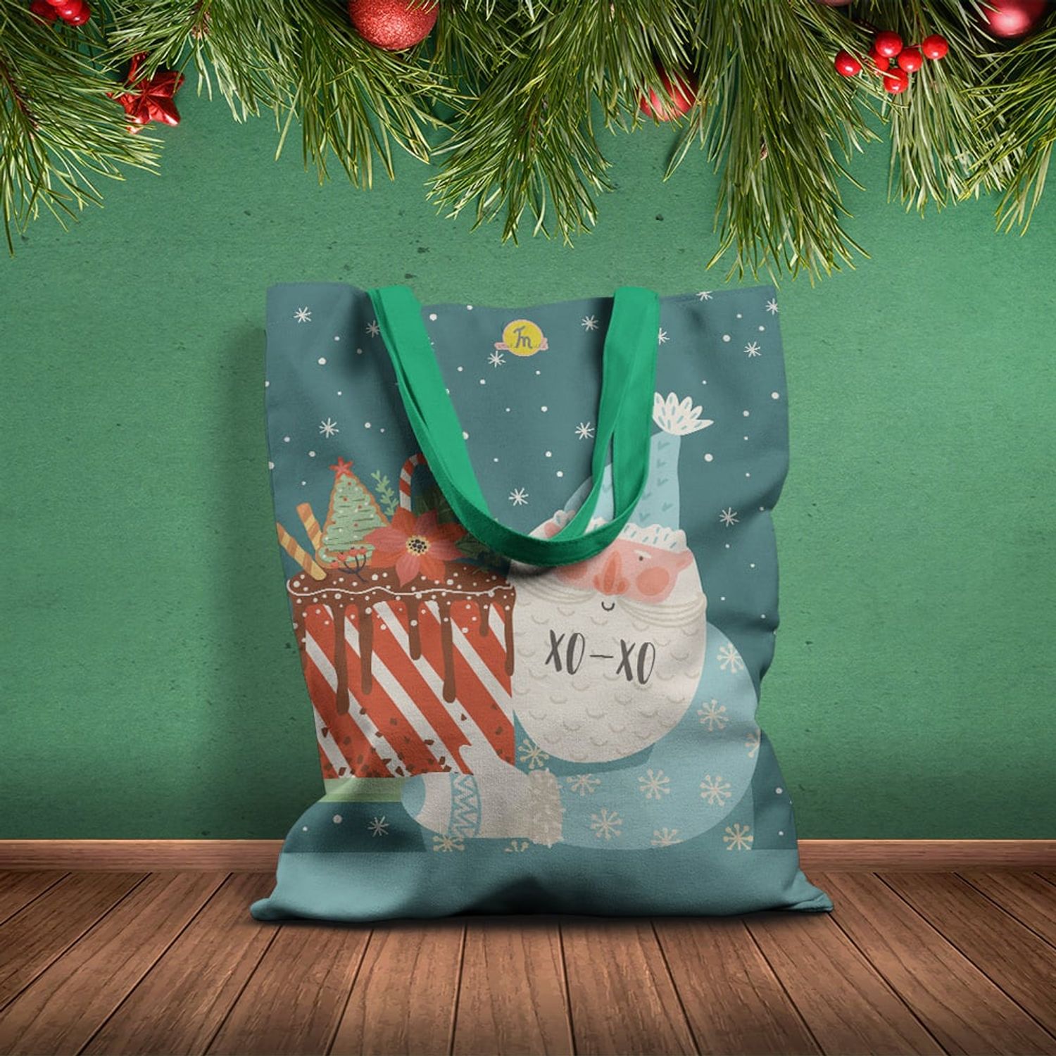 Geanta Handmade Tote Basic, Mos Craciun aduce Bunatati Dulci, Multicolor, 43x37 cm fotografia produsului View 2 L