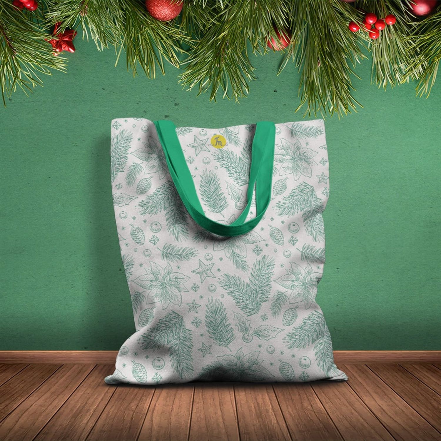 Geanta Handmade Tote Basic, Crengute cu Conuri de Brad de Craciun, Multicolor, 43x37 cm fotografia produsului View 2 L