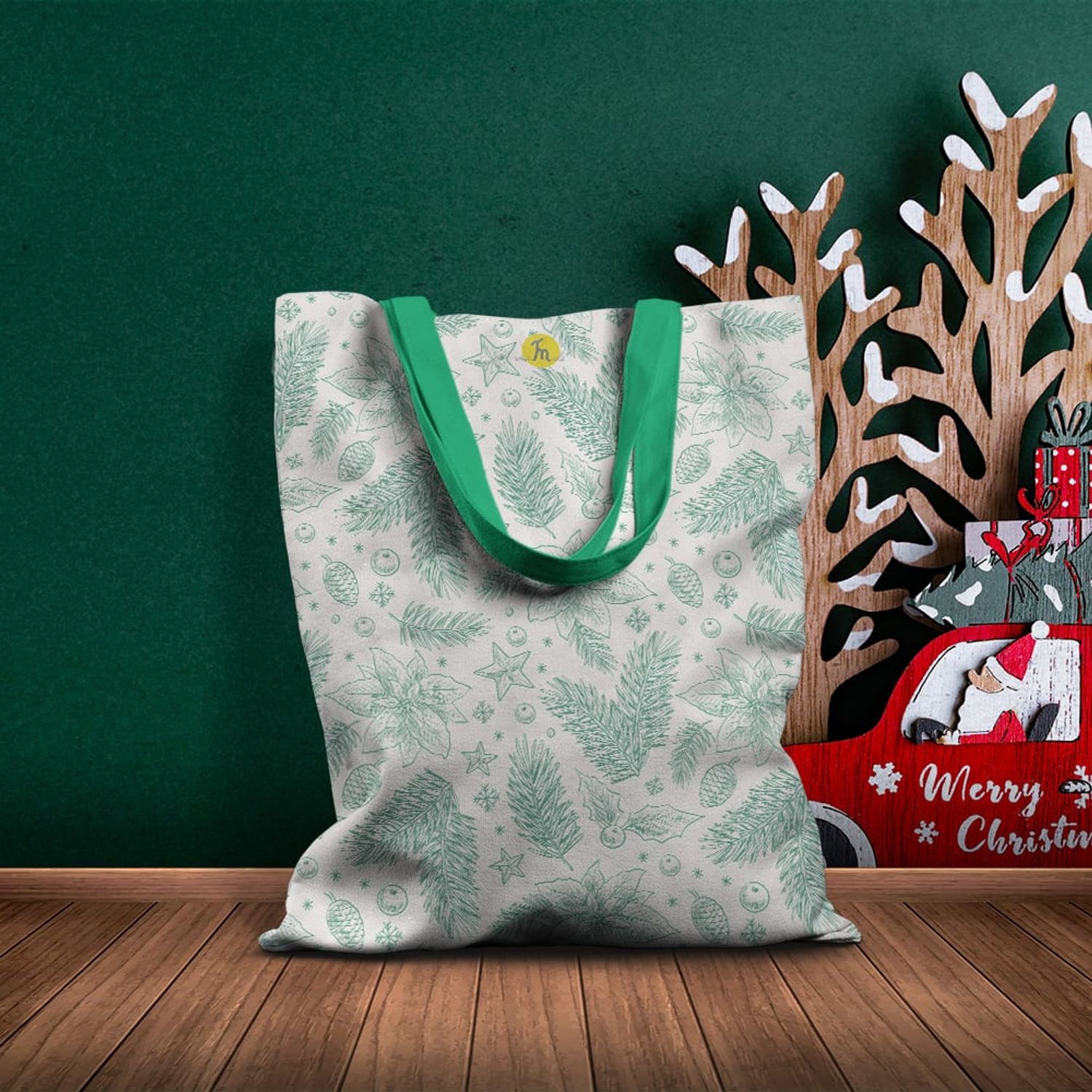 Geanta Handmade Tote Basic, Crengute cu Conuri de Brad de Craciun, Multicolor, 43x37 cm fotografia produsului View 5 L