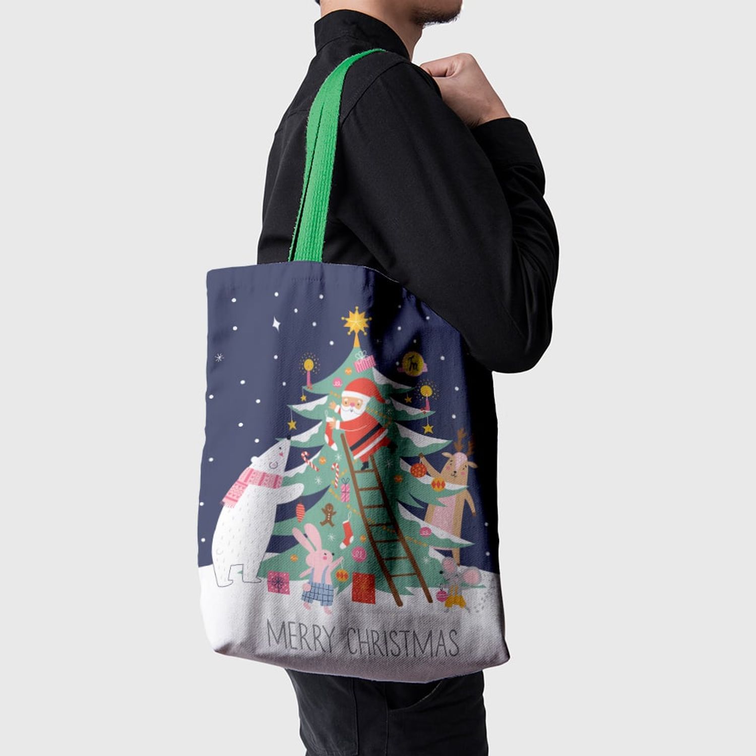 Geanta Handmade Tote Basic, Merry Christmas Animale care Impodobesc Bradul impreuna cu Mos Craciun, Multicolor, 43x37 cm fotografia produsului View 3 L