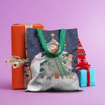 Geanta Handmade Tote Basic, Merry Christmas Animale care Impodobesc Bradul impreuna cu Mos Craciun, Multicolor, 43x37 cm fotografia produsului View 4 S