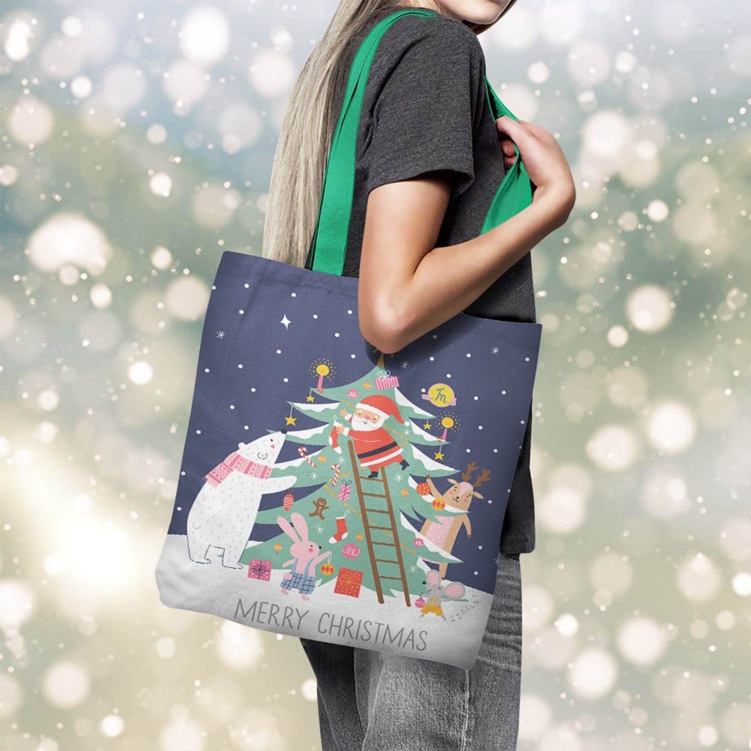 Geanta Handmade Tote Basic, Merry Christmas Animale care Impodobesc Bradul impreuna cu Mos Craciun, Multicolor, 43x37 cm fotografia produsului View 5 L