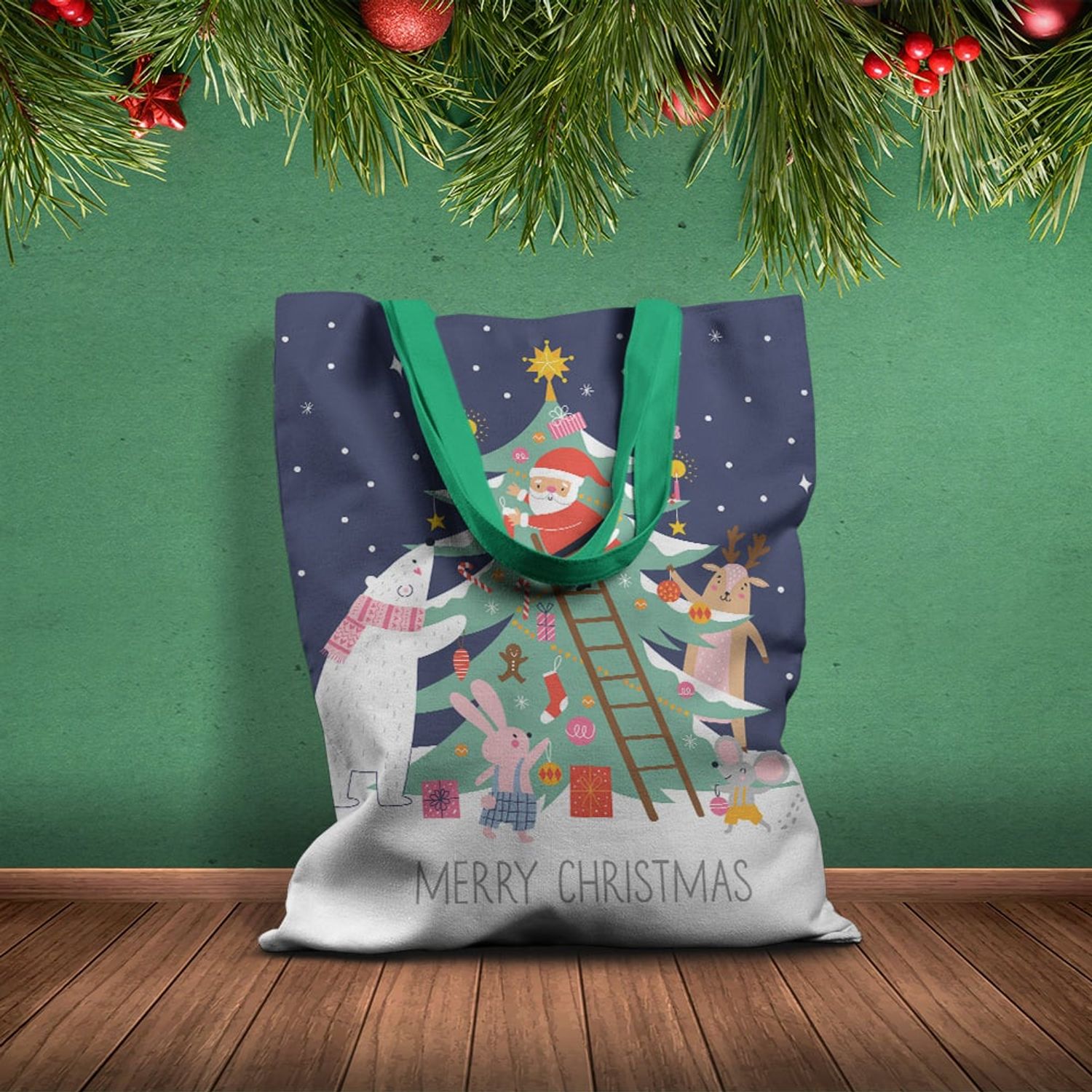 Geanta Handmade Tote Basic, Merry Christmas Animale care Impodobesc Bradul impreuna cu Mos Craciun, Multicolor, 43x37 cm fotografia produsului View 2 L
