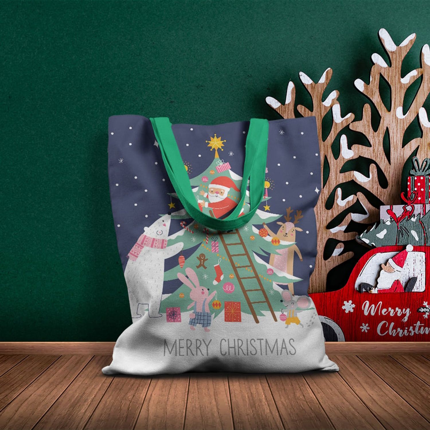 Geanta Handmade Tote Basic, Merry Christmas Animale care Impodobesc Bradul impreuna cu Mos Craciun, Multicolor, 43x37 cm fotografia produsului View 6 L