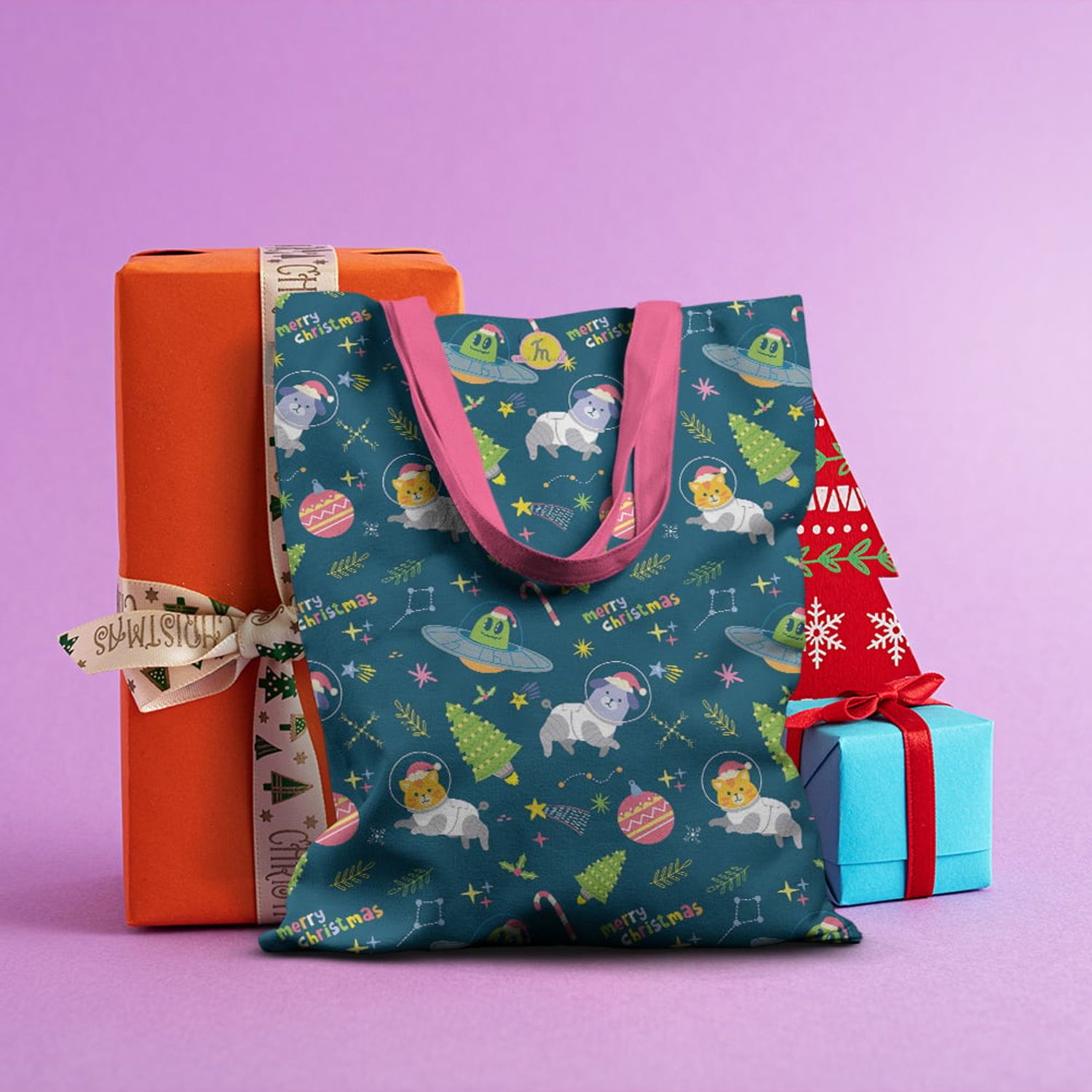 Geanta Handmade Tote Basic, Extraterestii pregatiti de Craciun, Multicolor, 43x37 cm fotografia produsului View 4 L