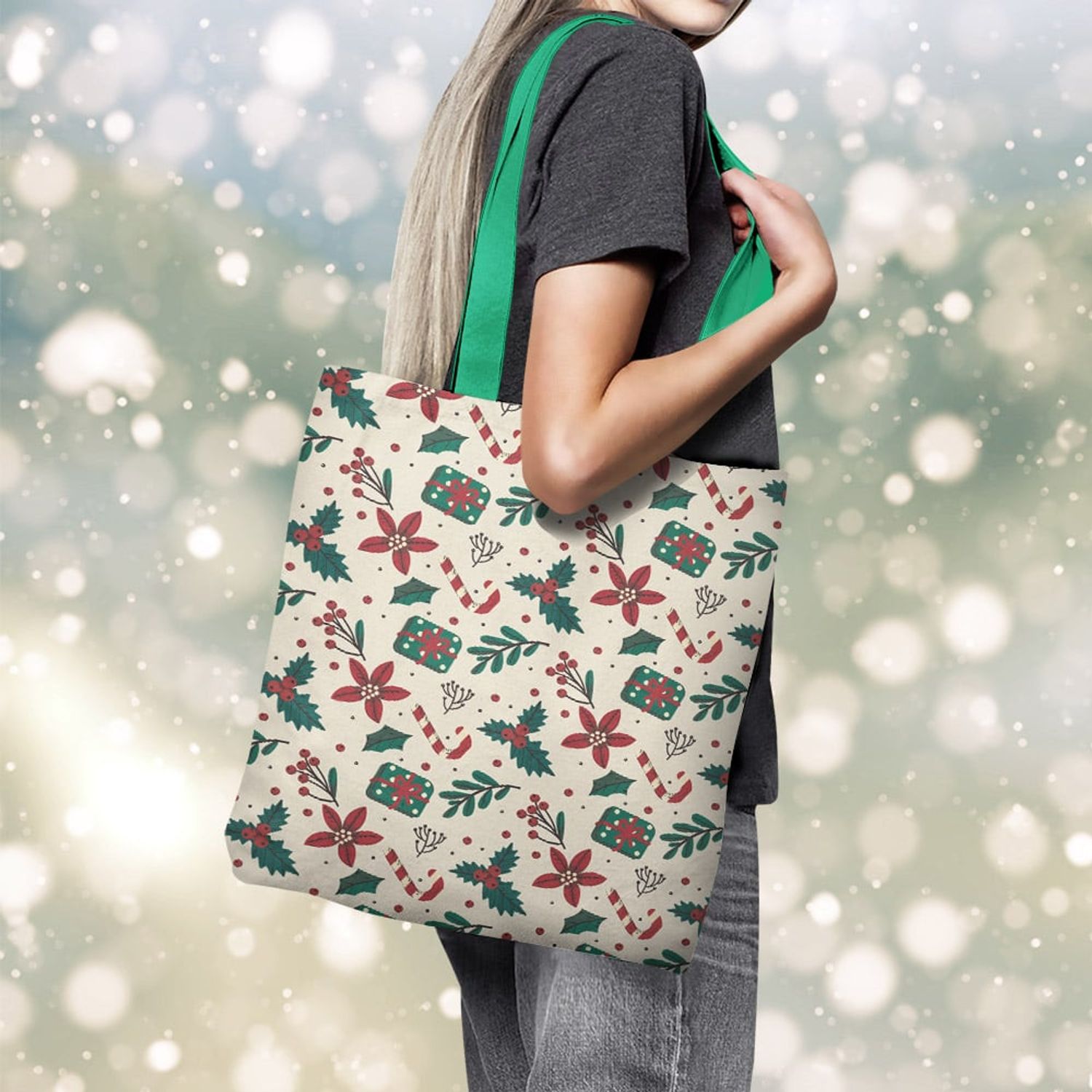 Geanta Handmade Tote Basic, Decoratiuni pentru Craciun, Multicolor, 43x37 cm fotografia produsului View 5 L