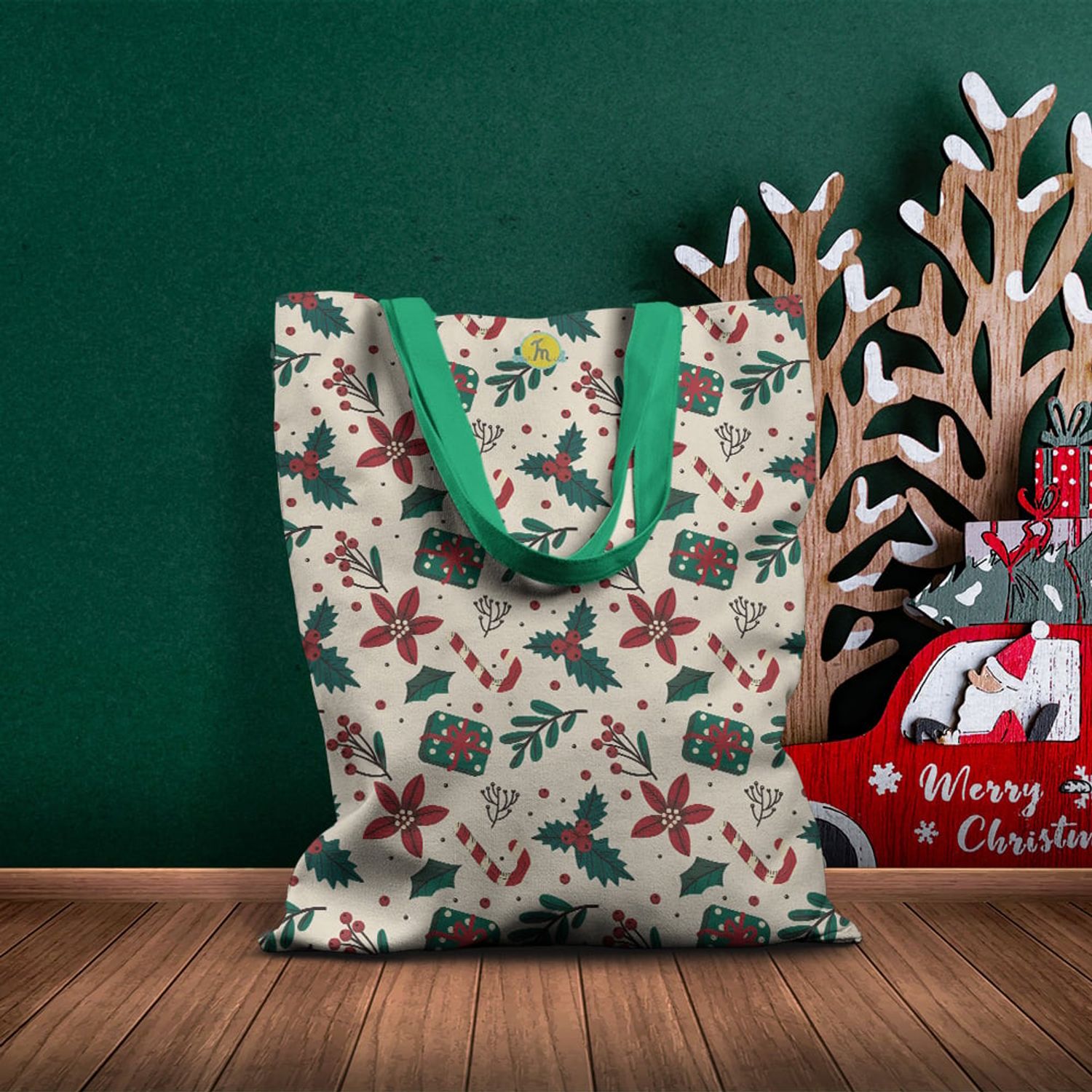 Geanta Handmade Tote Basic, Decoratiuni pentru Craciun, Multicolor, 43x37 cm fotografia produsului View 6 L