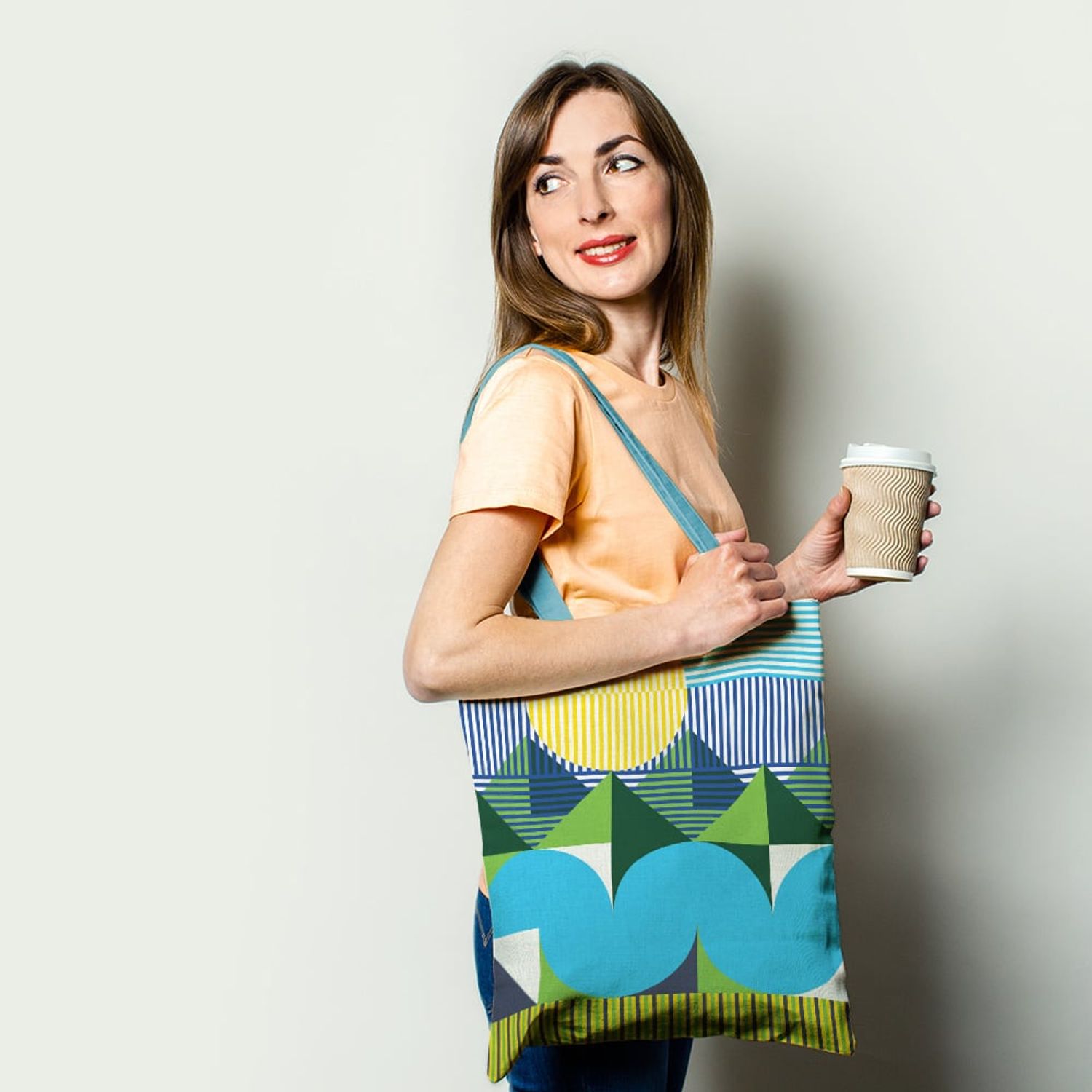 Geanta Handmade Tote Basic, Mulewear, Geometric Valea Prahovei, Multicolor, 43x37 cm fotografia produsului View 2 L
