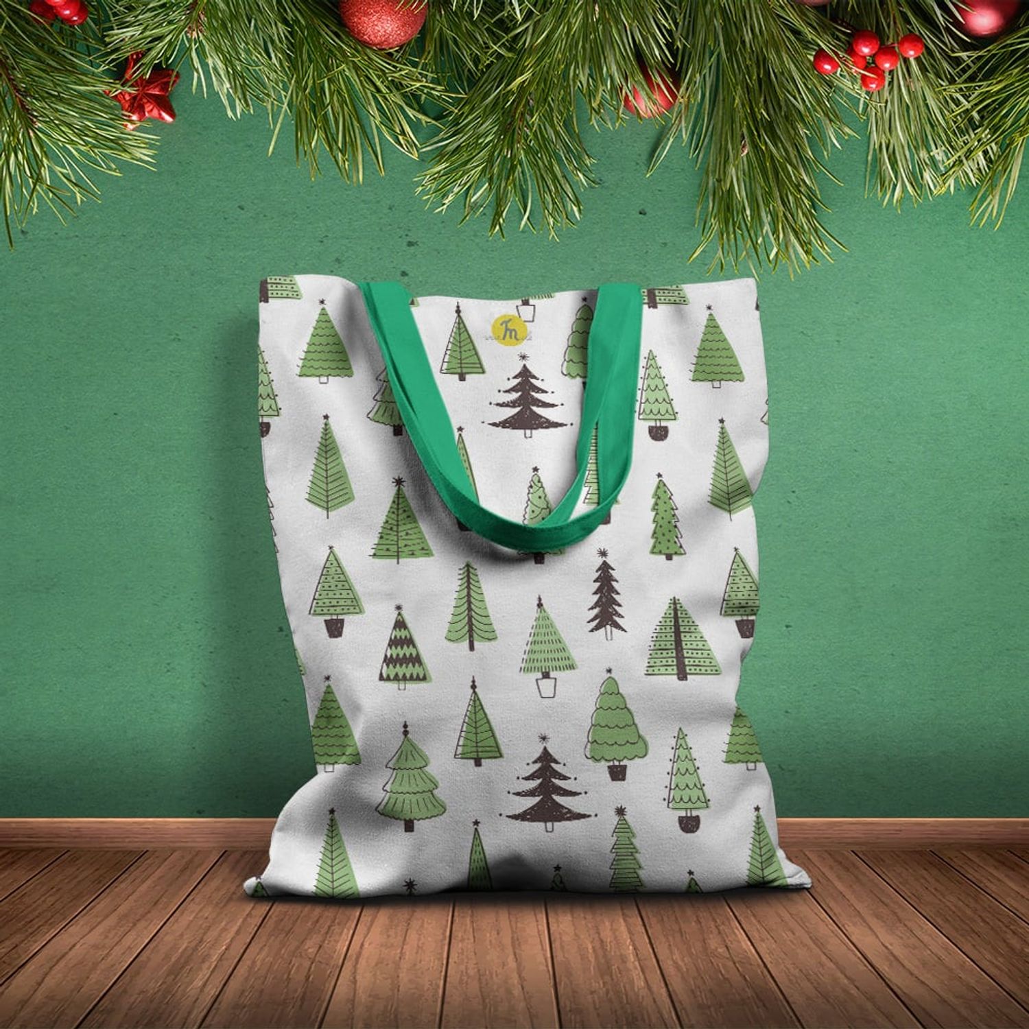 Geanta Handmade Tote Basic, Brazi de Craciun, Multicolor, 43x37 cm fotografia produsului View 2 L