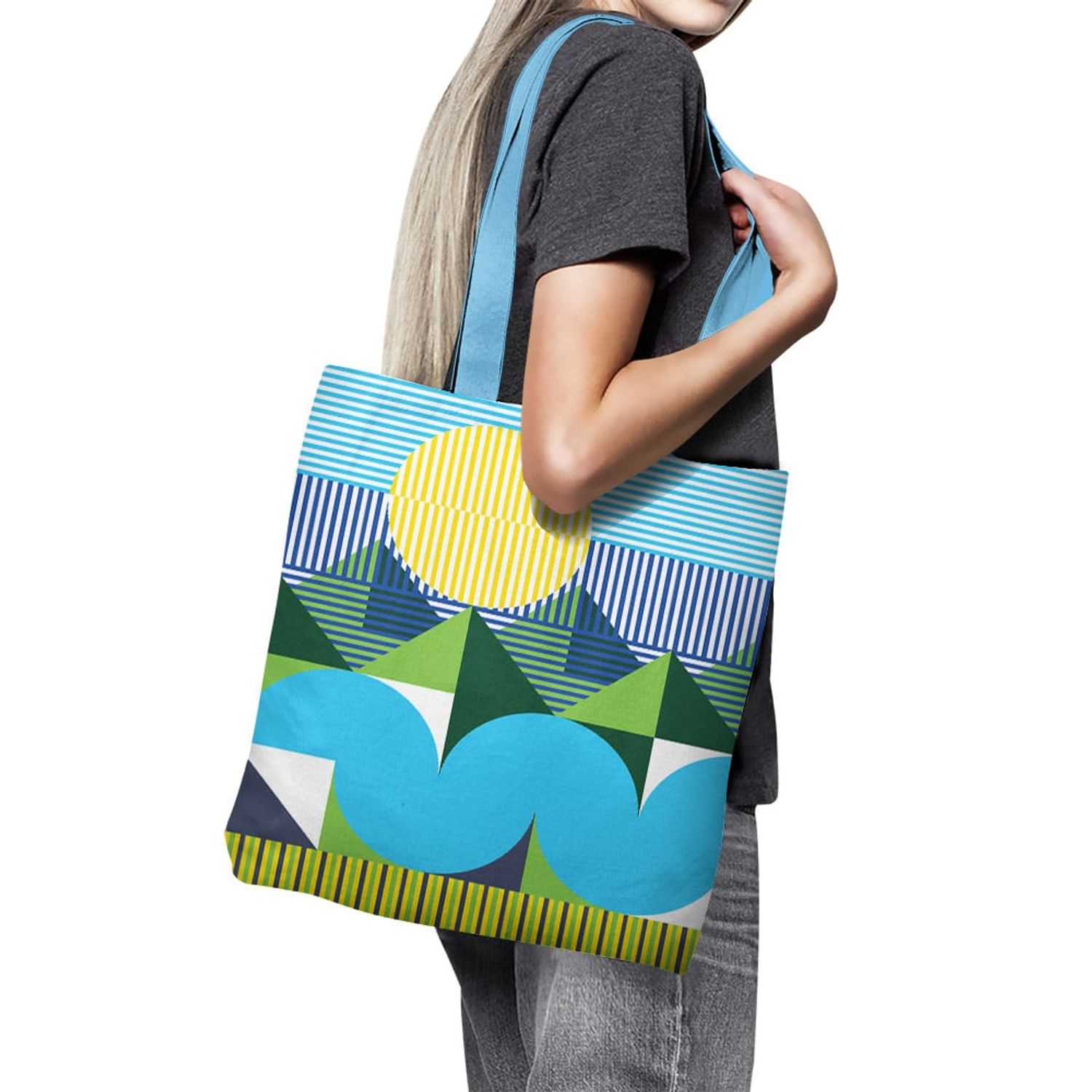Geanta Handmade Tote Basic, Mulewear, Geometric Valea Prahovei, Multicolor, 43x37 cm fotografia produsului View 6 L
