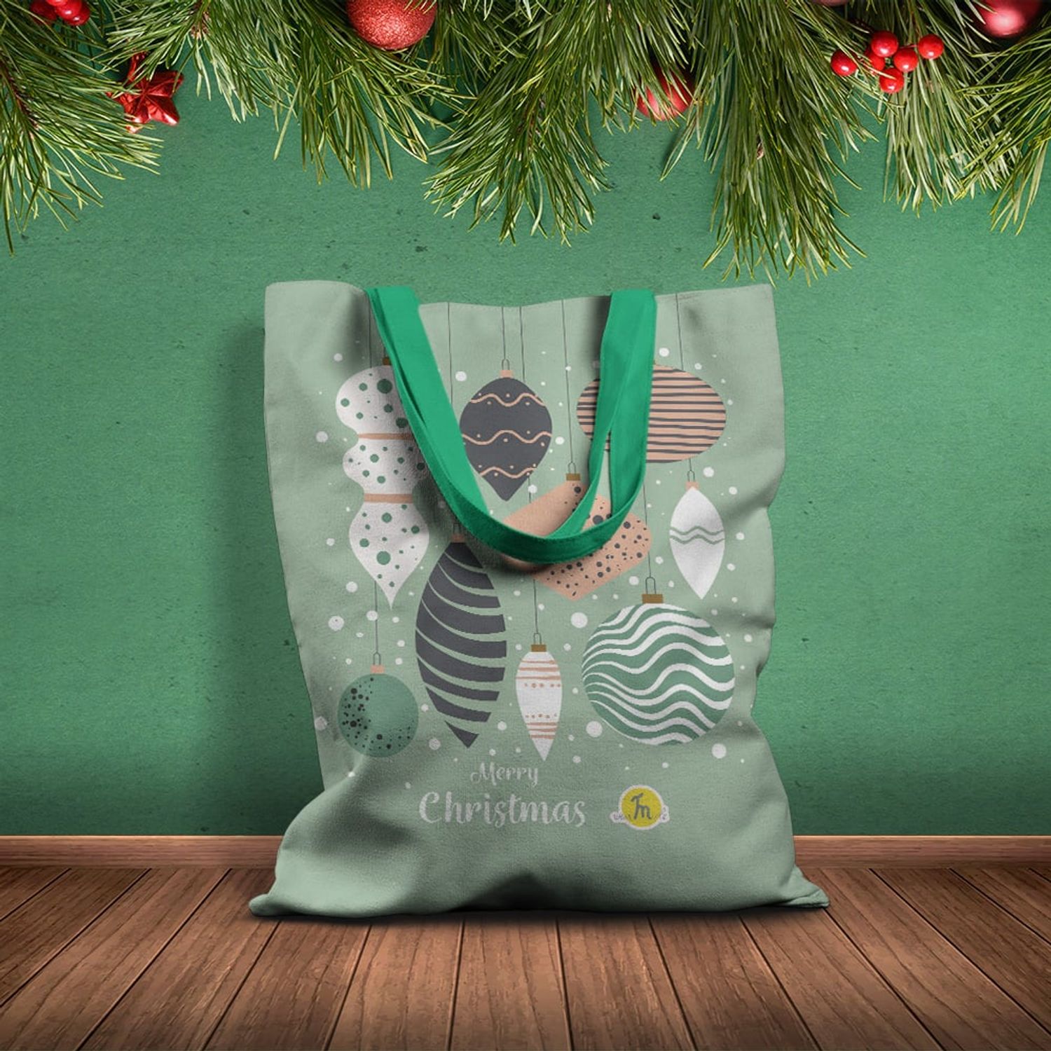 Geanta Handmade Tote Basic, Merry Christmas Globuri in Bradul de Craciun, Multicolor, 43x37 cm fotografia produsului View 2 L