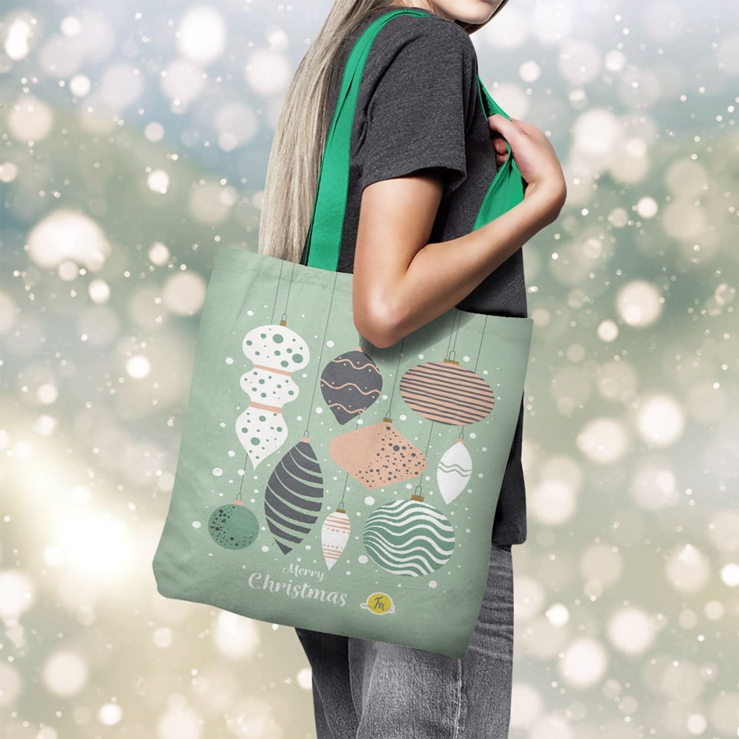 Geanta Handmade Tote Basic, Merry Christmas Globuri in Bradul de Craciun, Multicolor, 43x37 cm fotografia produsului View 4 L