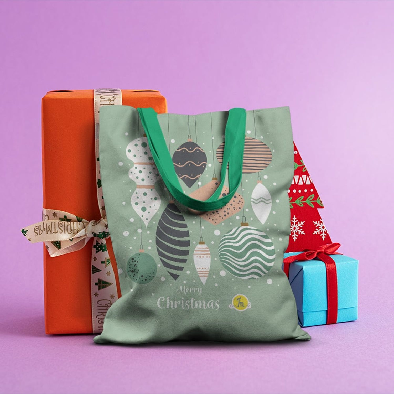 Geanta Handmade Tote Basic, Merry Christmas Globuri in Bradul de Craciun, Multicolor, 43x37 cm fotografia produsului View 5 L