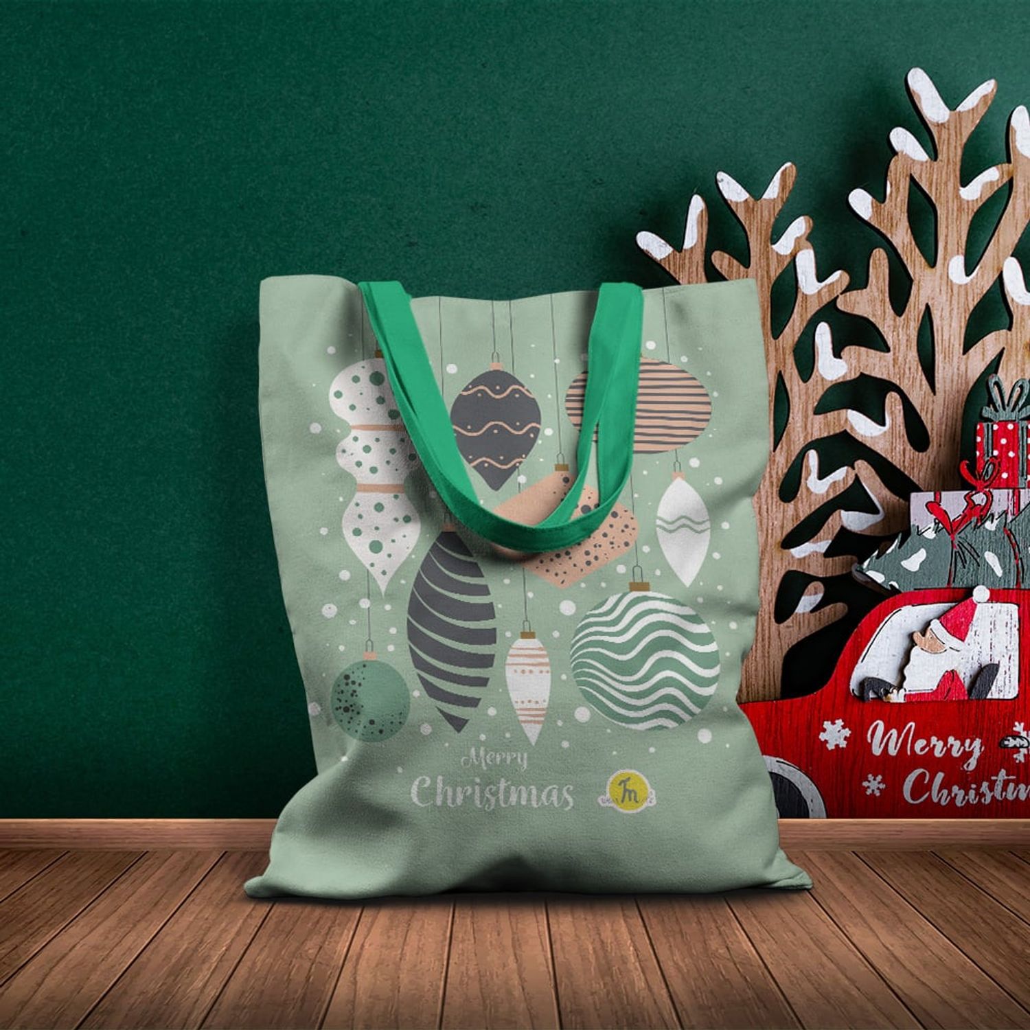 Geanta Handmade Tote Basic, Merry Christmas Globuri in Bradul de Craciun, Multicolor, 43x37 cm fotografia produsului View 6 L