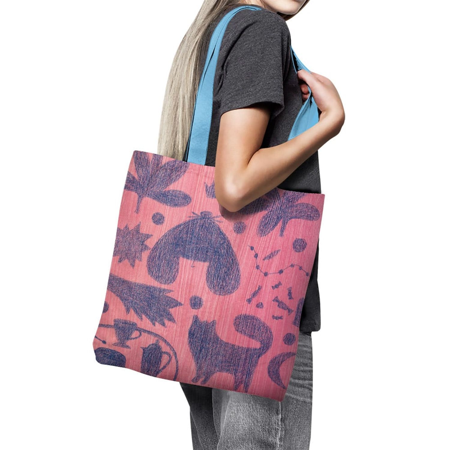Geanta Handmade Tote Basic, Mulewear, Botanic Fluturi Catei si Plante, Multicolor, 43x37 cm fotografia produsului View 3 L