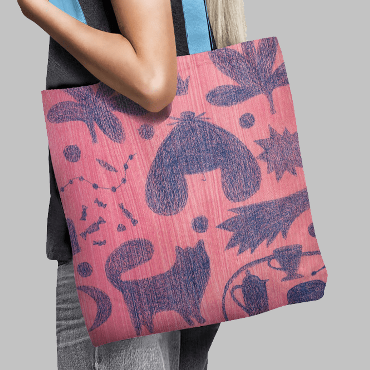 Geanta Handmade Tote Basic, Mulewear, Botanic Fluturi Catei si Plante, Multicolor, 43x37 cm fotografia produsului View 4 L