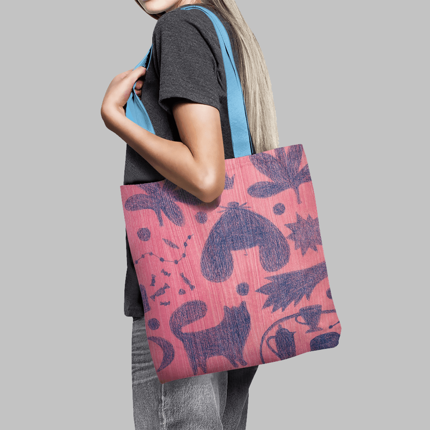 Geanta Handmade Tote Basic, Mulewear, Botanic Fluturi Catei si Plante, Multicolor, 43x37 cm fotografia produsului View 2 L