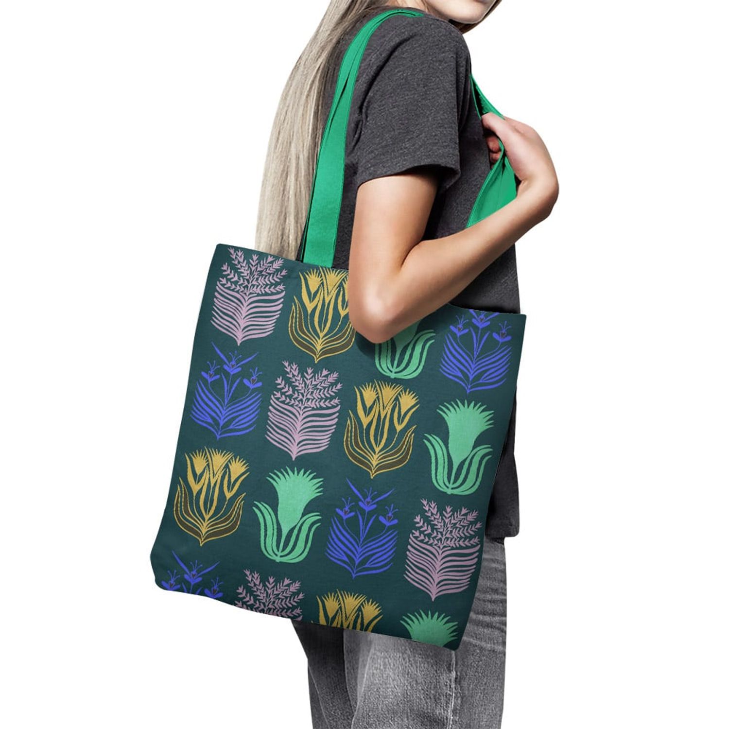 Geanta Handmade Tote Basic, Mulewear, Botanic Flori de pe Marte, Multicolor, 43x37 cm fotografia produsului View 3 L